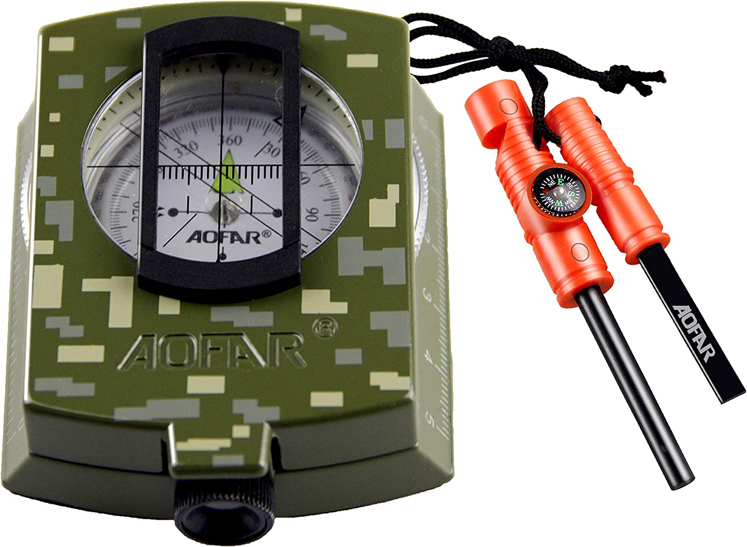 AOFAR Military Compass and Fire Starter AF-4580/381 Lensatic Sighting, Survival Kit,Waterproof and Shakeproof Measure Distance Calculator and Pouch for Camping, Hiking, Hunting, Backpacking