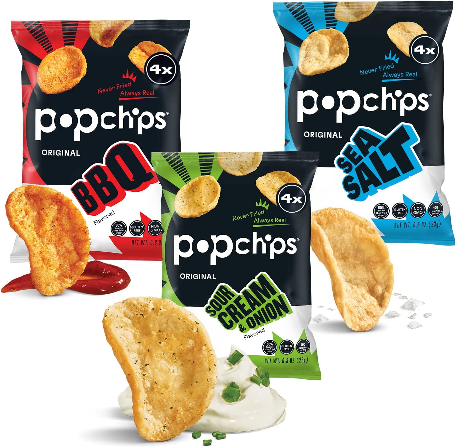 Popchips Potato Chips Variety Pack, Sea Salt, BBQ, Sour Cream & Onion, 12ct Single Serve 0.8oz Bags, Gluten Free, Salty Snacks for Adults and Children, Non-GMO & Kosher, 100 Calories Per Bag