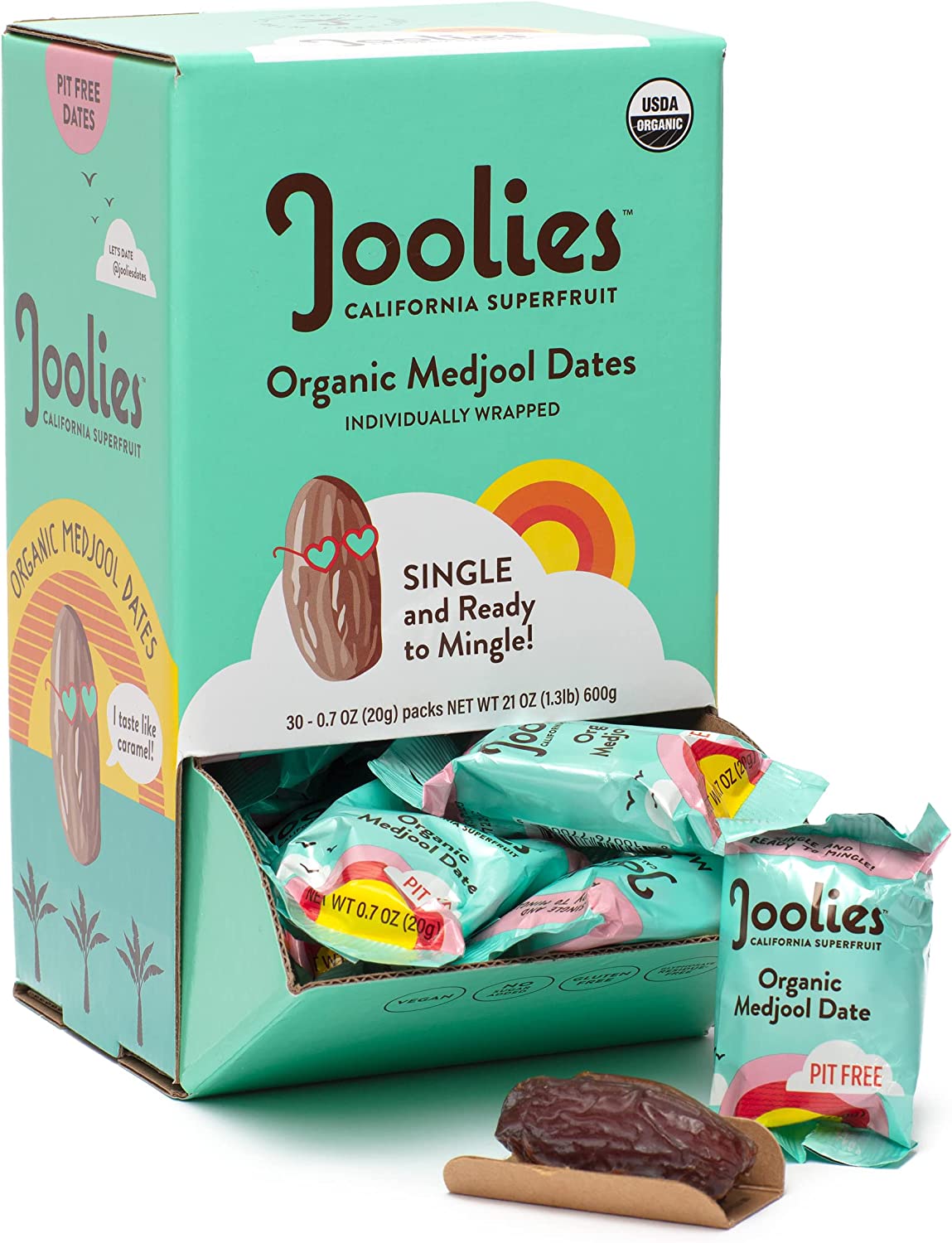 Joolies Organic Pit-Free Medjool Dates | Single & Ready to Mingle, 30-Count | Fresh California Grown Fruit | Vegan, Gluten-Free, Paleo, No Sugar Added | On-the-go, Lunchbox, Portion Friendly