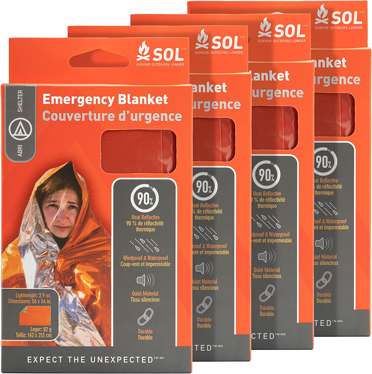 Survive Outdoors Longer 90% Reflective Emergency Blanket, Pack of 4