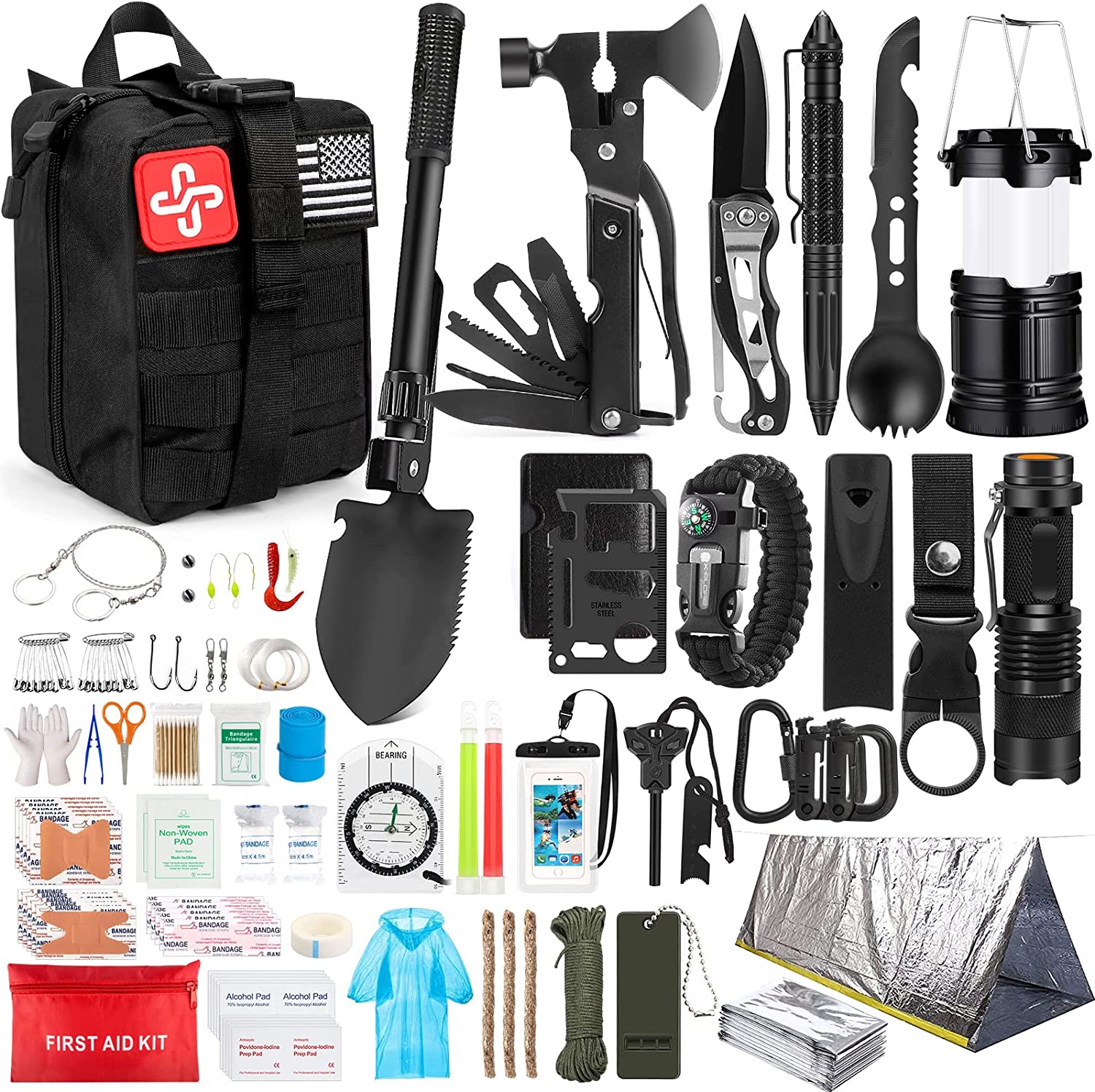 Survival Kit, 250Pcs Survival Gear First Aid Kit with Molle System Compatible Bag and Emergency Tent, Emergency Kit for Earthquake, Outdoor Adventure, Camping, Hiking, Hunting, Gifts for Men Women