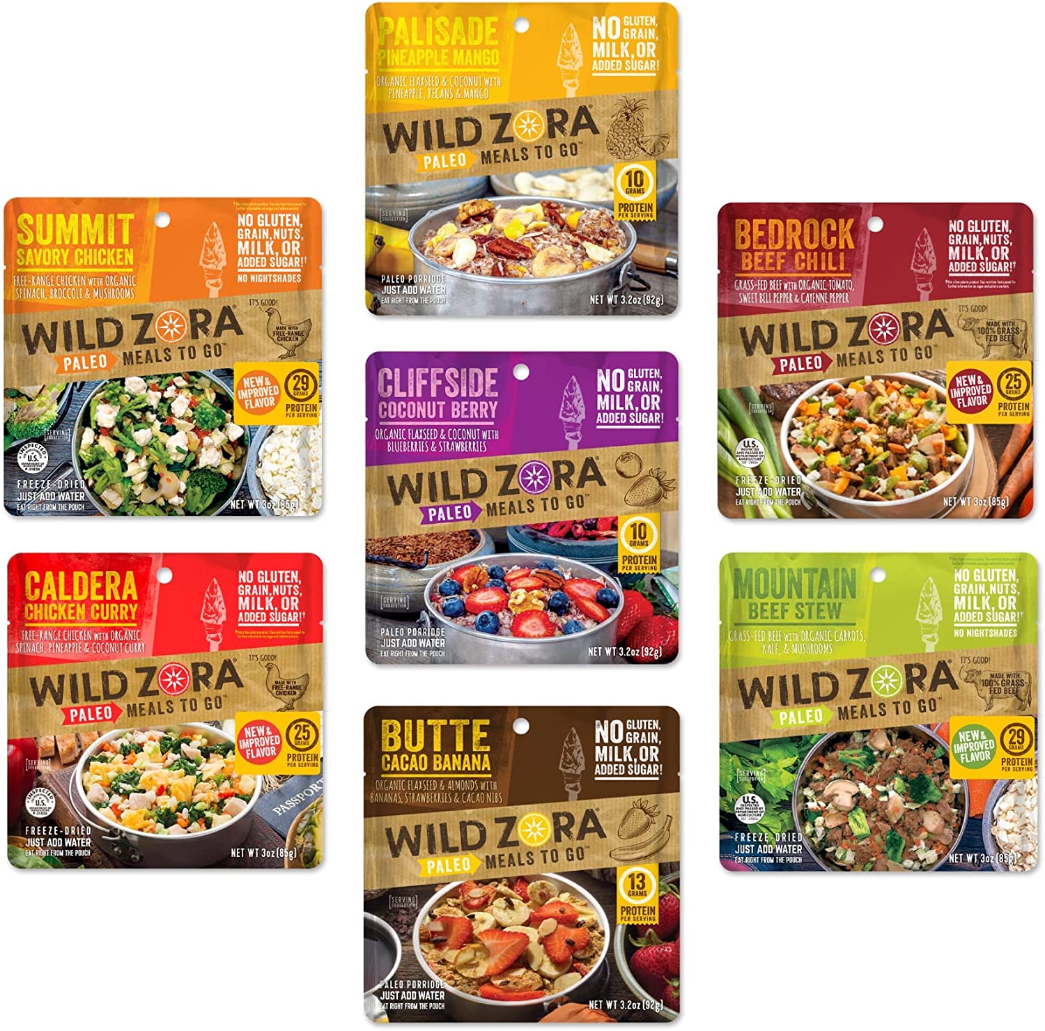 Wild Zora Paleo Freeze Dried Meals for Backpacking & Camping – Healthy Gluten Free & Grain Free Camping Meals/Backpacking Food + No Added Sugar – Includes Breakfast & Dinner Options (Variety 7-pack)