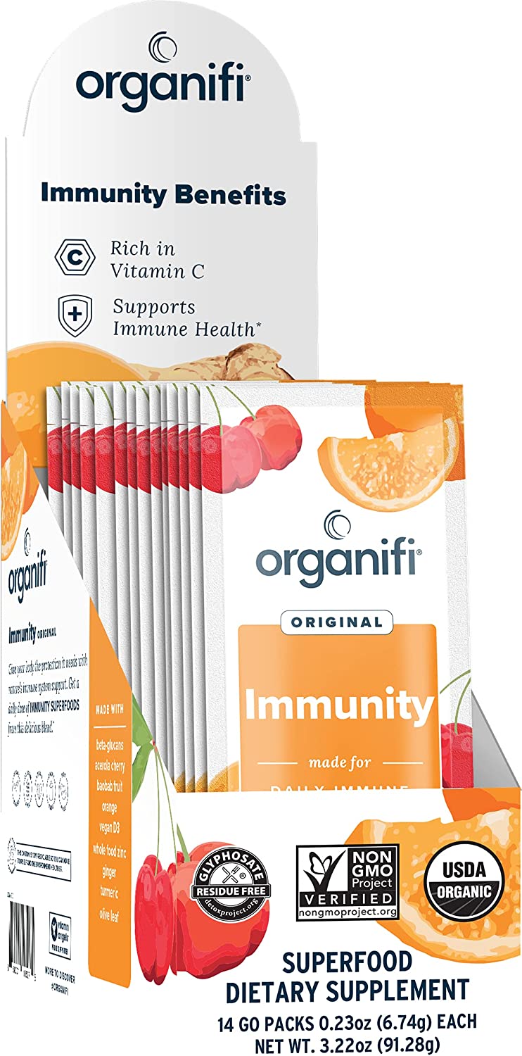 Organifi Immunity – Organic Superfood Immunity Support – 14 Single Serve Packets – Immunity Powder for T Cell Production and Upper Respiratory Health – Mushroom Beta Glucans, Vitamin C, D and Zinc