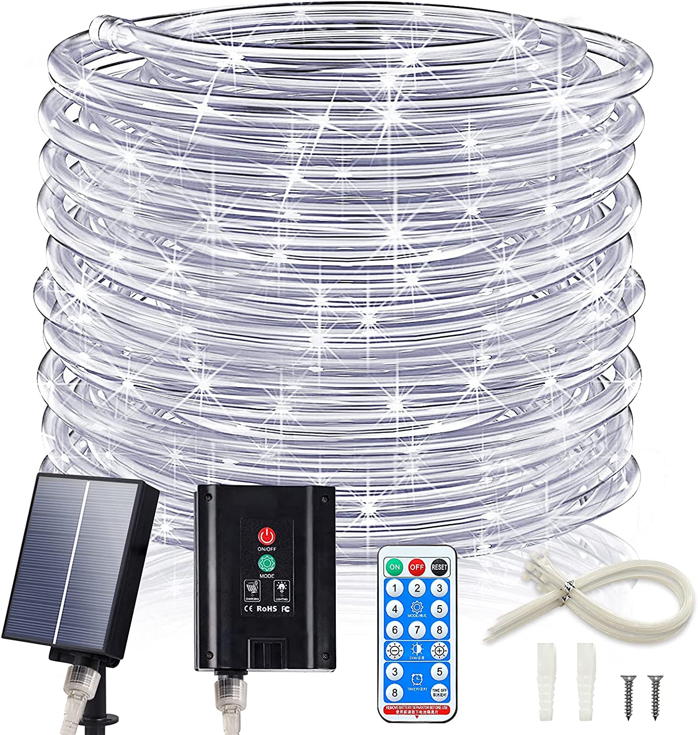 ICRGB Solar Rope Lights Outdoor, 72FT 200 LED Solar Rope Lights, Outdoor IP67 Waterproof 8 Modes Garden Christmas Lights Decorative for Outdoor Patio Porch Tree Wedding Christmas Pool Cool White