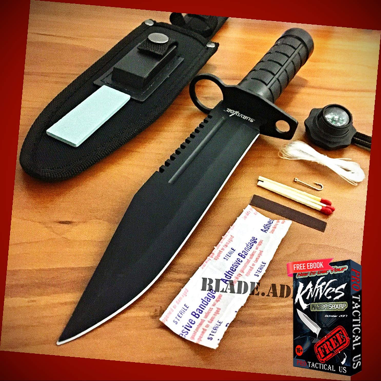 New 12" inch Tactical Hunting Rambo Combat Fixed Blade ProTactical Knife Machete Survival Kit BA-0737kn by PrTac-US