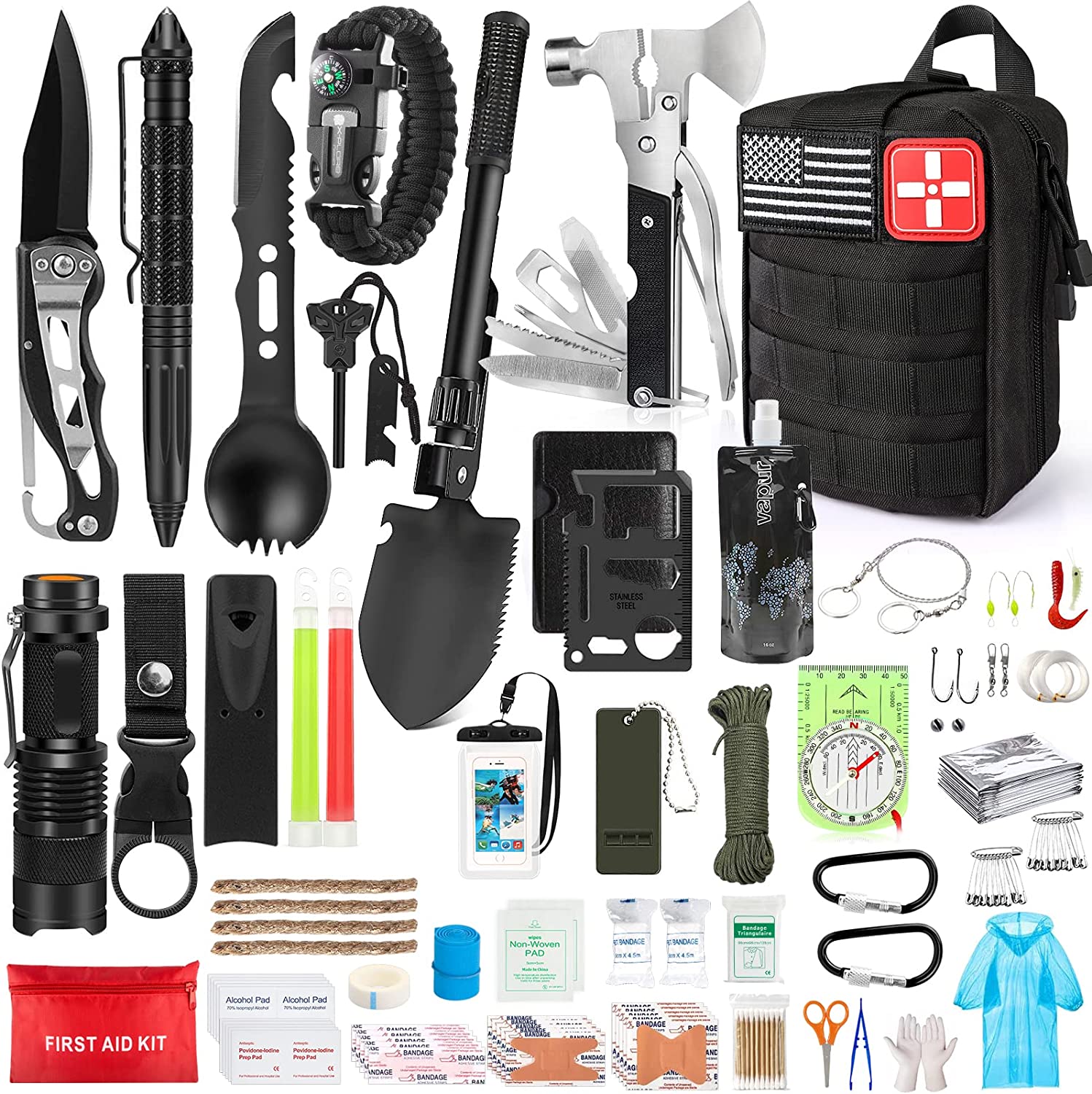 235Pcs Emergency Survival Kit and First Aid Kit Professional Survival Gear Tool with IFAK Molle System Compatible Bag, Gift for Men Camping Outdoor Adventure Boat Hunting Hiking Home Car & Earthquake