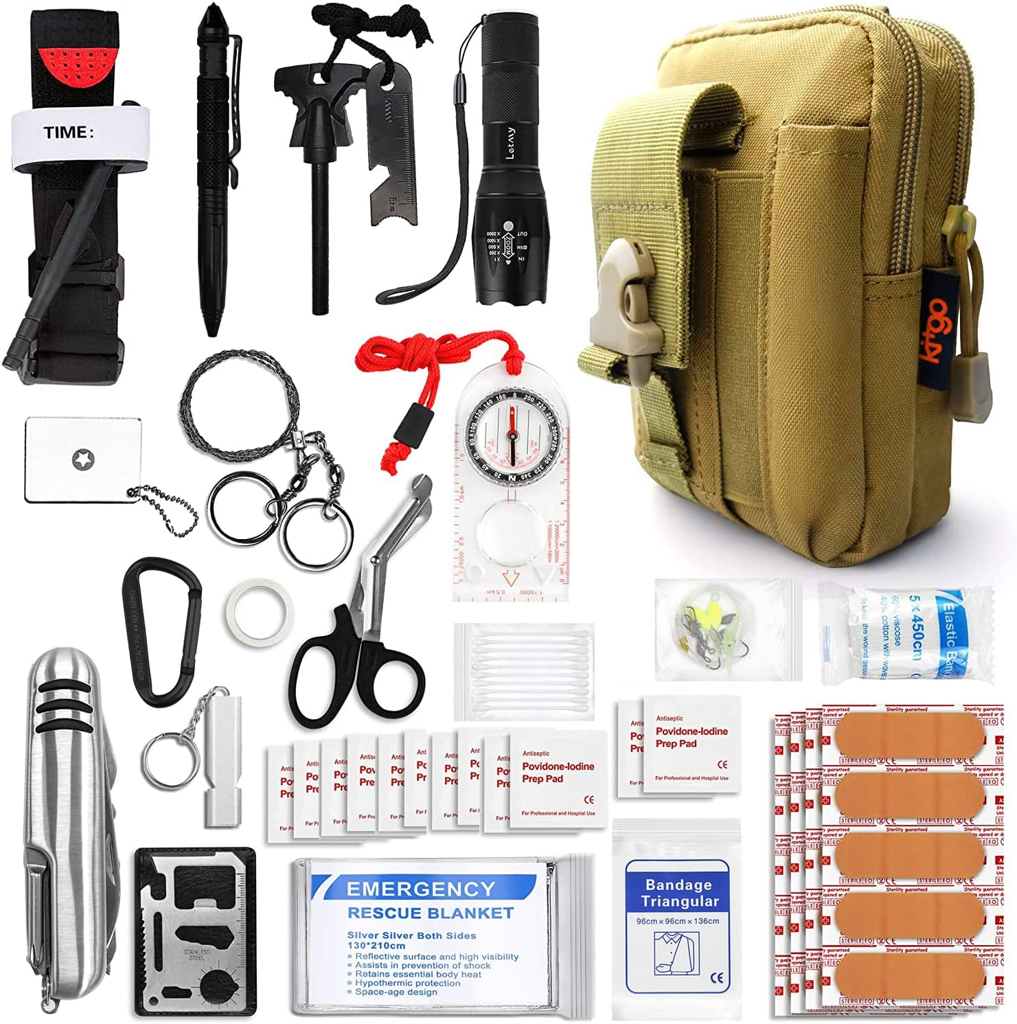 Kitgo Camping Emergency Tourniquet Survival Kit Safety First Aid Kit with Pro Tool Outdoor Survival Gear Tactical Small Molle Pouch for Home Hiking Hunting Adventures (Khaki)