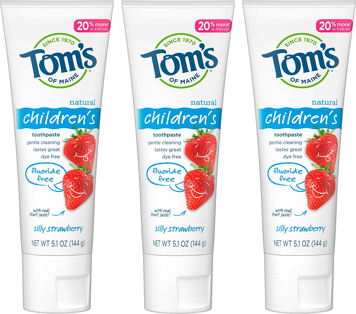 Tom’s Of Maine Fluoride Free Children’s Toothpaste, Natural Toothpaste, Dye Free, No Artificial Preservatives, Silly Strawberry, 5.1 oz. 3-Pack (Packaging May Vary)