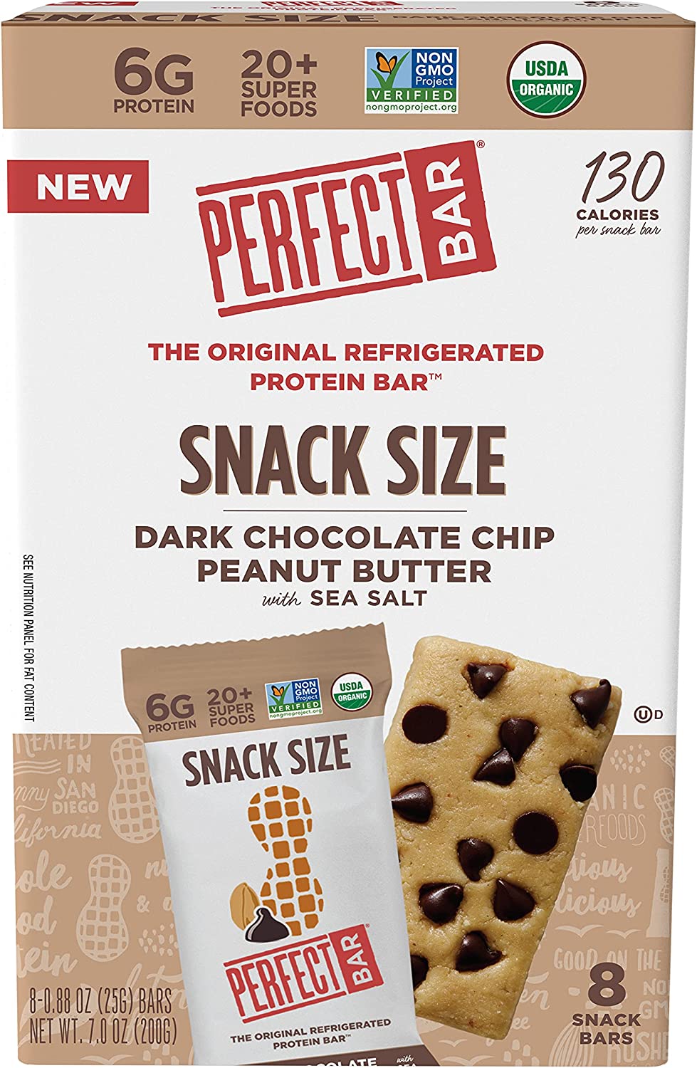 Perfect Bar Snack Size Refrigerated Protein Bar, Dark Chocolate Chip Peanut Butter, 0.88 Oz, 8 Count