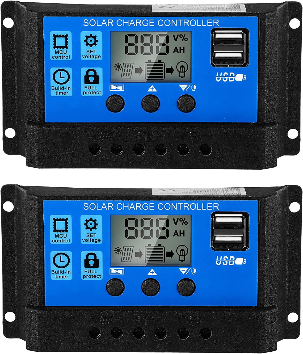 Solar Battery Controller 12v/24v Solar Panel Charge Controller Ground Solar Panel Controller Regulator with Adjustable LCD Display and Dual USB Port Timer Setting PWM Auto Parameter(2 Pieces,30A)