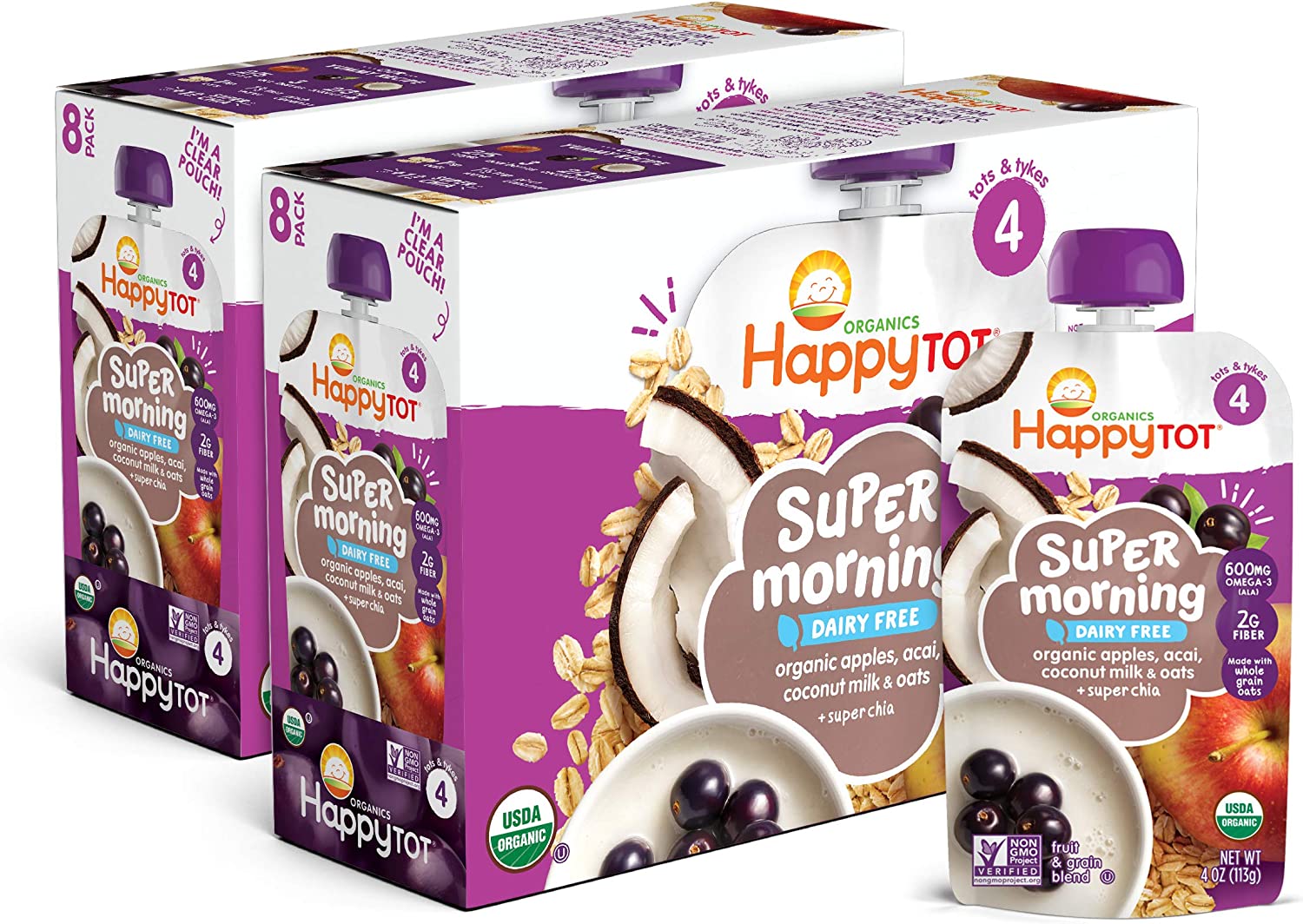 Happy Tot Organics Super Morning Stage 4 Dairy Free, Apple Acai Coconut Milk & Oats + Super Chia, 4 Ounce Pouch (Pack of 16)