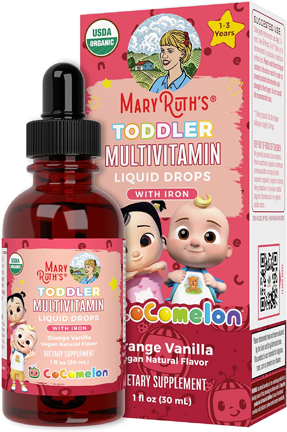 Cocomelon Multivitamin & Multimineral with Iron for Toddlers by MaryRuth’s | USDA Organic | Sugar Free | Multivitamin Liquid Drops for Kids Ages 1-3 | Immune Support | Vegan | Non-GMO | 1 Fl Oz