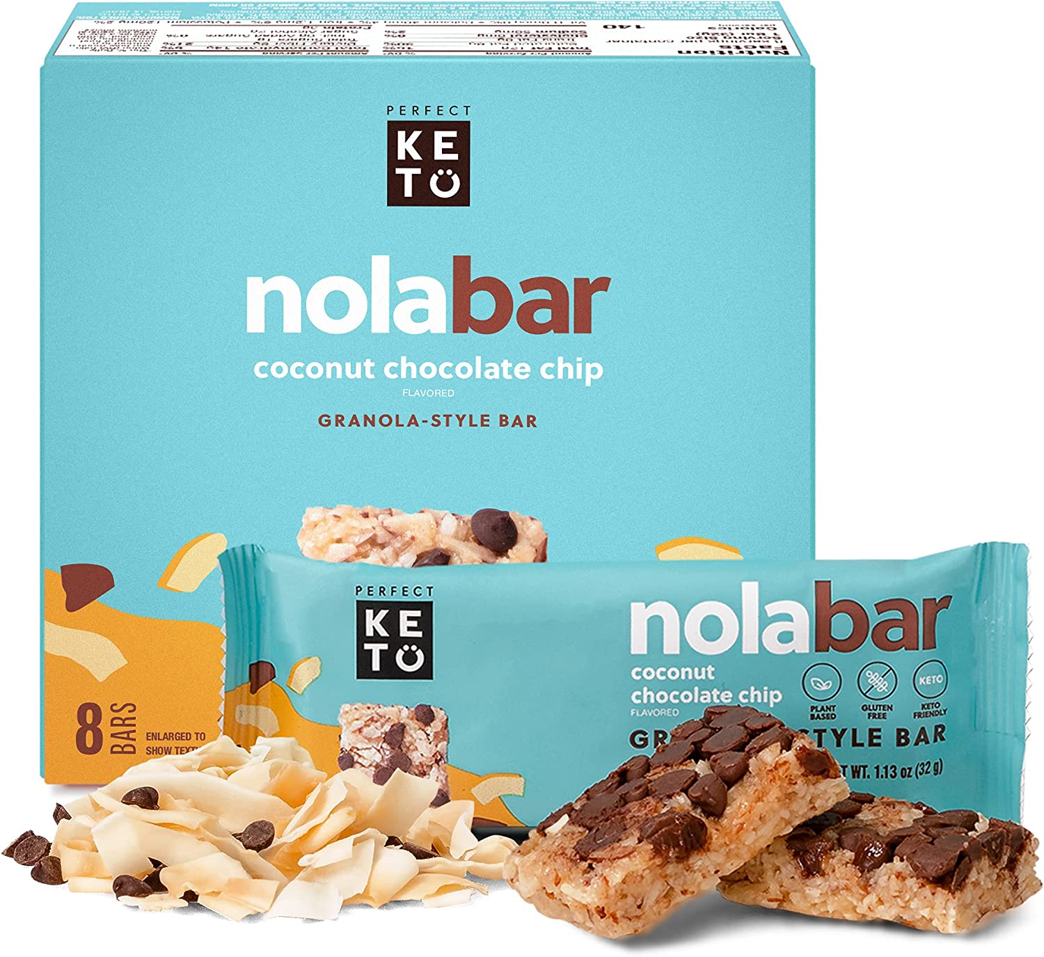 Perfect Keto Nola Bars | Gluten-Free Keto Granola Bars with Zero Added Sugar | Enjoy a Chewier, Nuttier, and Tastier Way to Curb Cravings and Start the Day | Coconut Chocolate Chip | 8 Pack