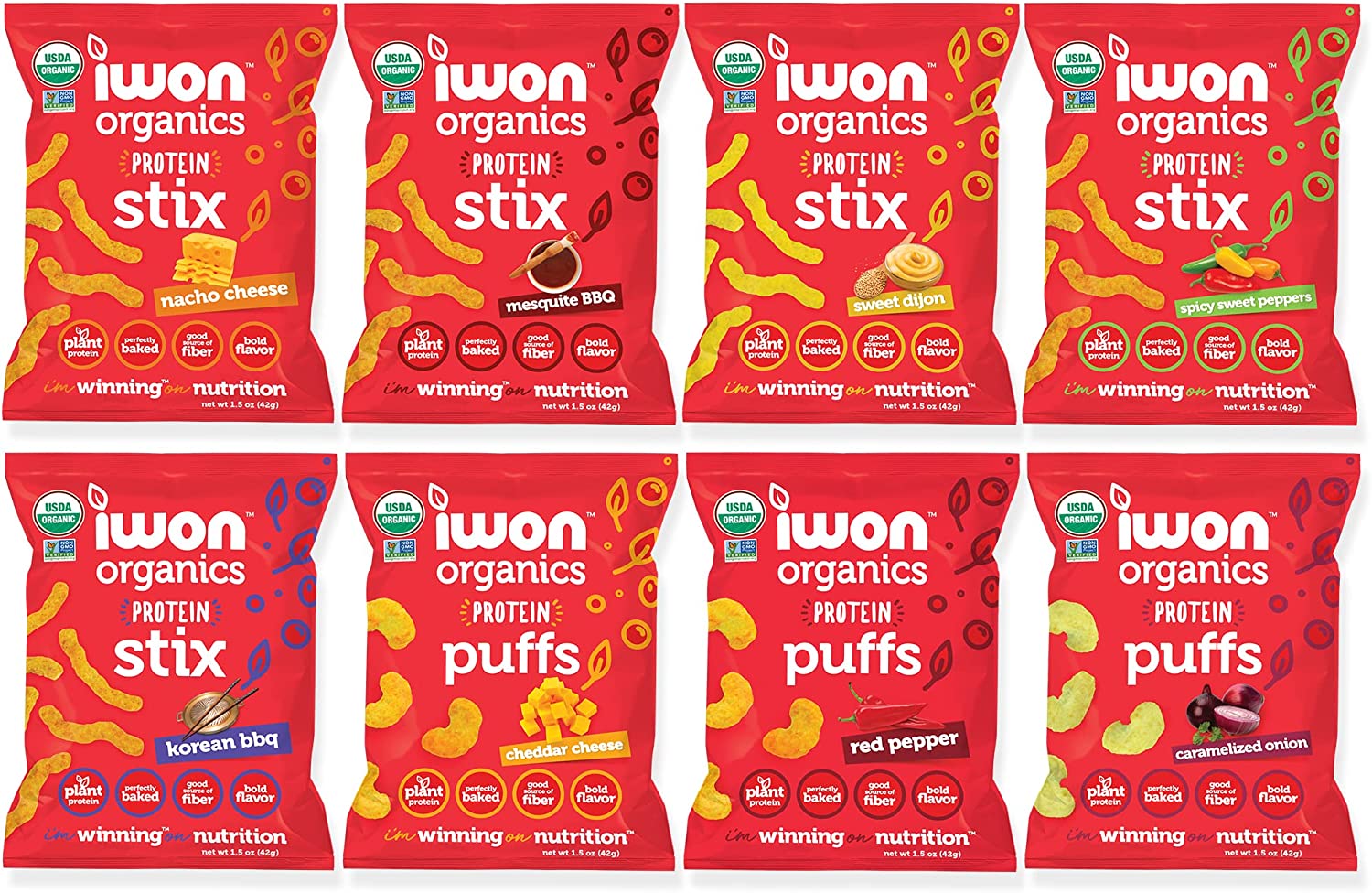 IWON Organics, Variety Pack of 8 Tasty Snacks, Protein Puffs and Snack Stix, High Protein and Organic Healthy Snacks, 8 Flavors, 8 Bags, 1.5 Ounce