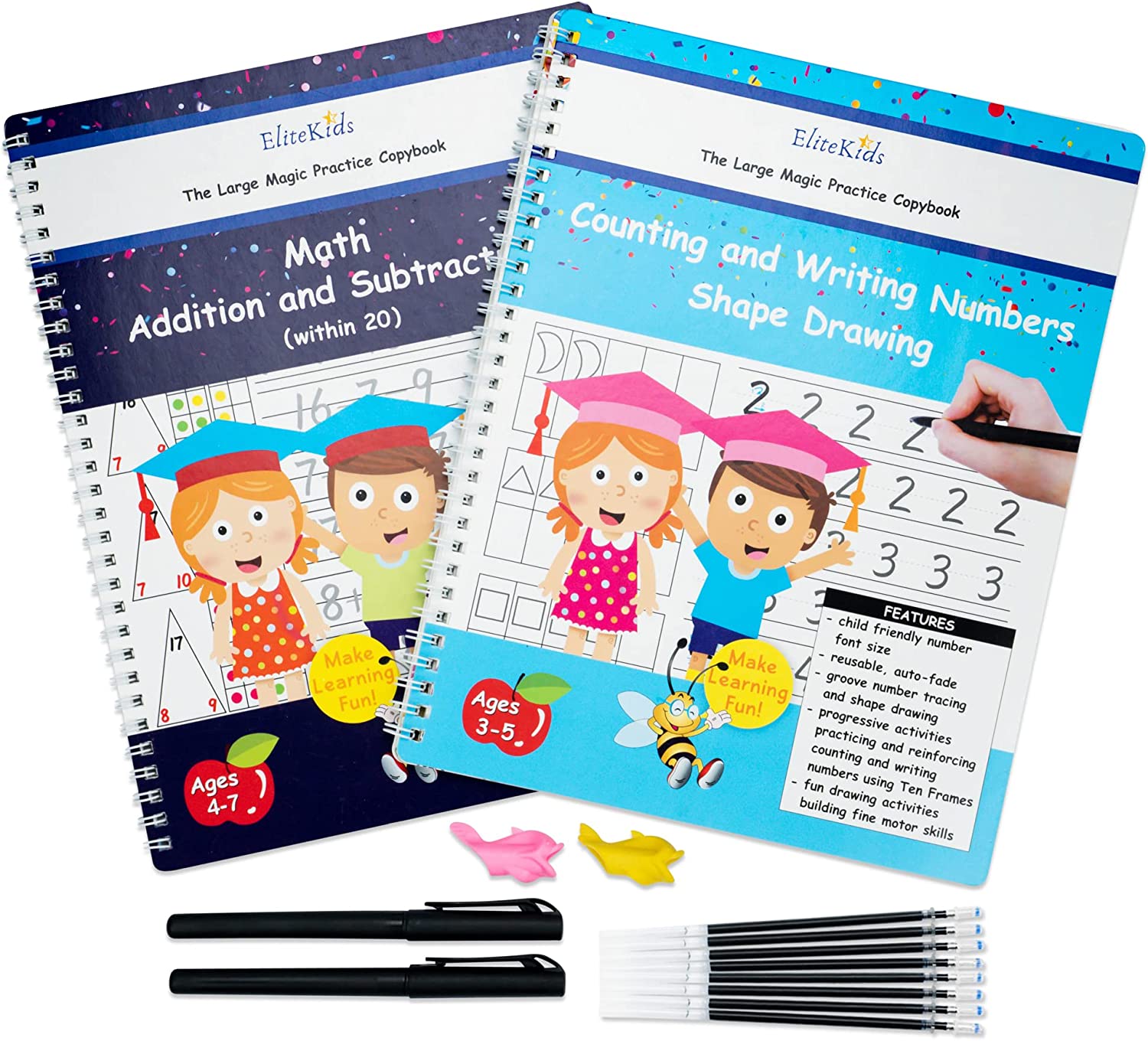 Premium Edition 11×8.5 Inch EliteKids Large Magic Practice Copybook for Kids- Kindergarten Numbers and Math 2-Book Set, Preschool K-1 Groove Number Math Workbooks with Magical Pens