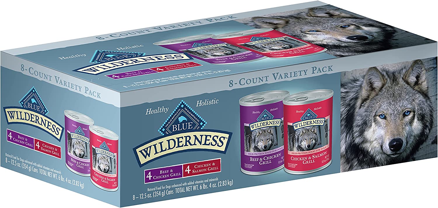 Blue Buffalo Wilderness High Protein, Natural Adult Wet Dog Food Variety Pack, Beef & Chicken Grill and Chicken & Salmon Grill 12.5-oz Cans (8 Count- 4 of Each Flavor)