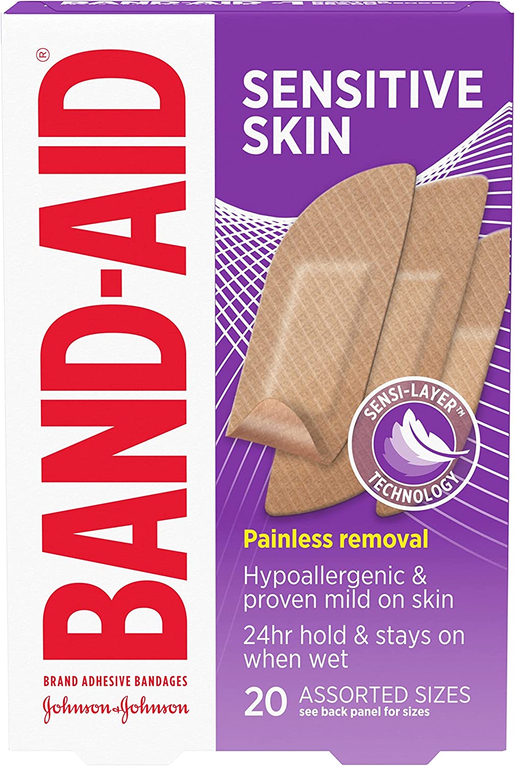 Band-Aid Brand Adhesive Bandages for Sensitive Skin, Hypoallergenic Bandages with Painless Removal, Stays on When Wet and Suitable for Eczema Prone Skin, Sterile, Assorted Sizes, 20 ct