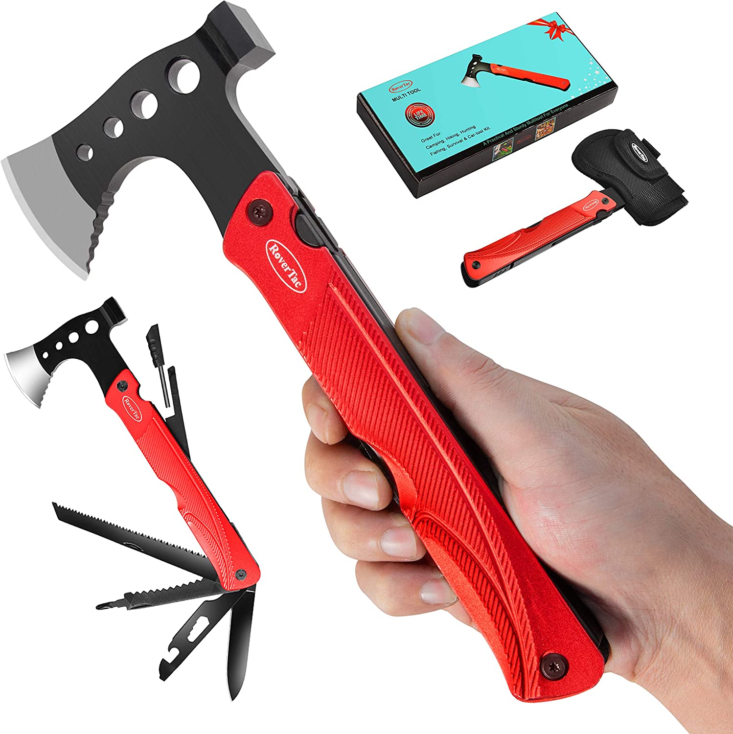 RoverTac Camping Hatchet Multitool Axe Survival Tool Christmas Gifts for Men Dad Him 14 in 1 Axe Hammer Knife Saw Bottle Opener Fire Starter Whistle Perfect for Camping Survival Hiking Fishing