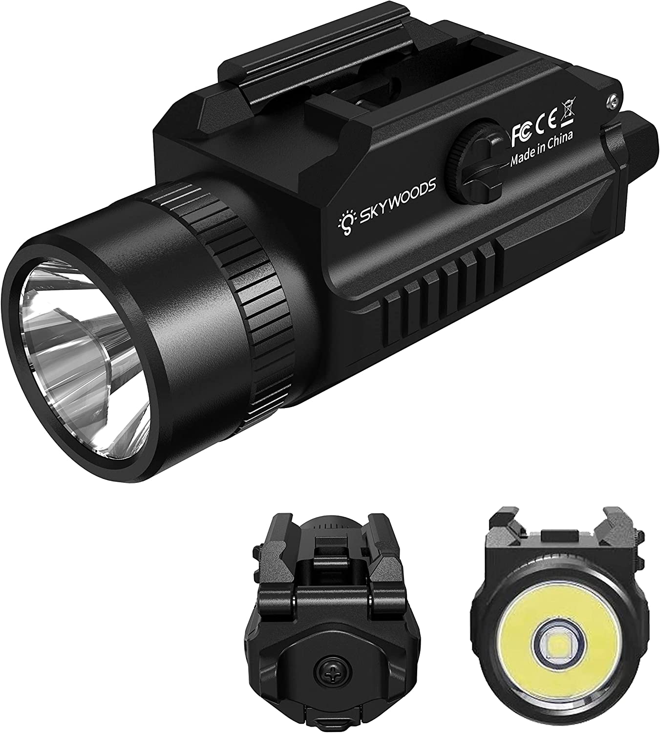 Skywoods 1200 Lumen Rail Mounted Tactical Pistol Flashlight for Weapons with Strobe for Picatinny 1913 and Glock Gun with 2 x CR123A Batteries