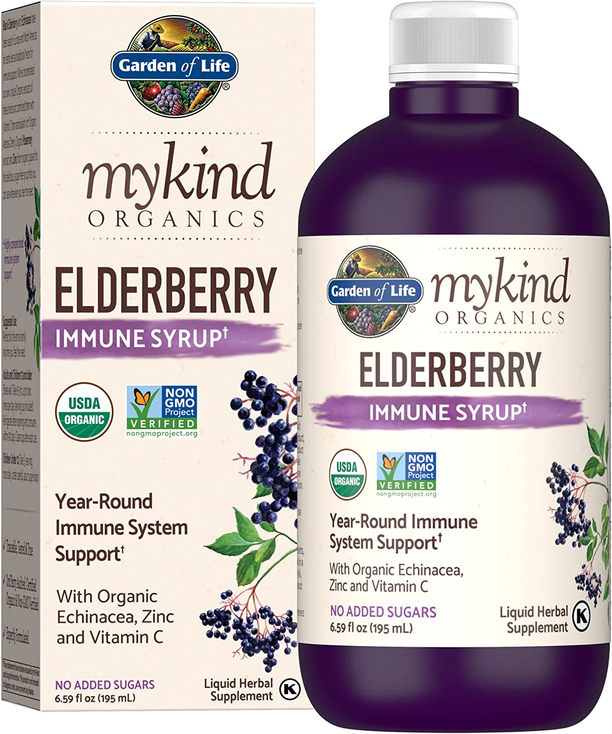Garden of Life Mykind Organics Plant Based Elderberry Immune Syrup 6.59 fl oz (195 Ml) for Kids & Adults: Sambucus, Echinacea, Zinc & Vitamin C, 0g Sugar, Organic Vegan Gluten Free Herbal Supplement