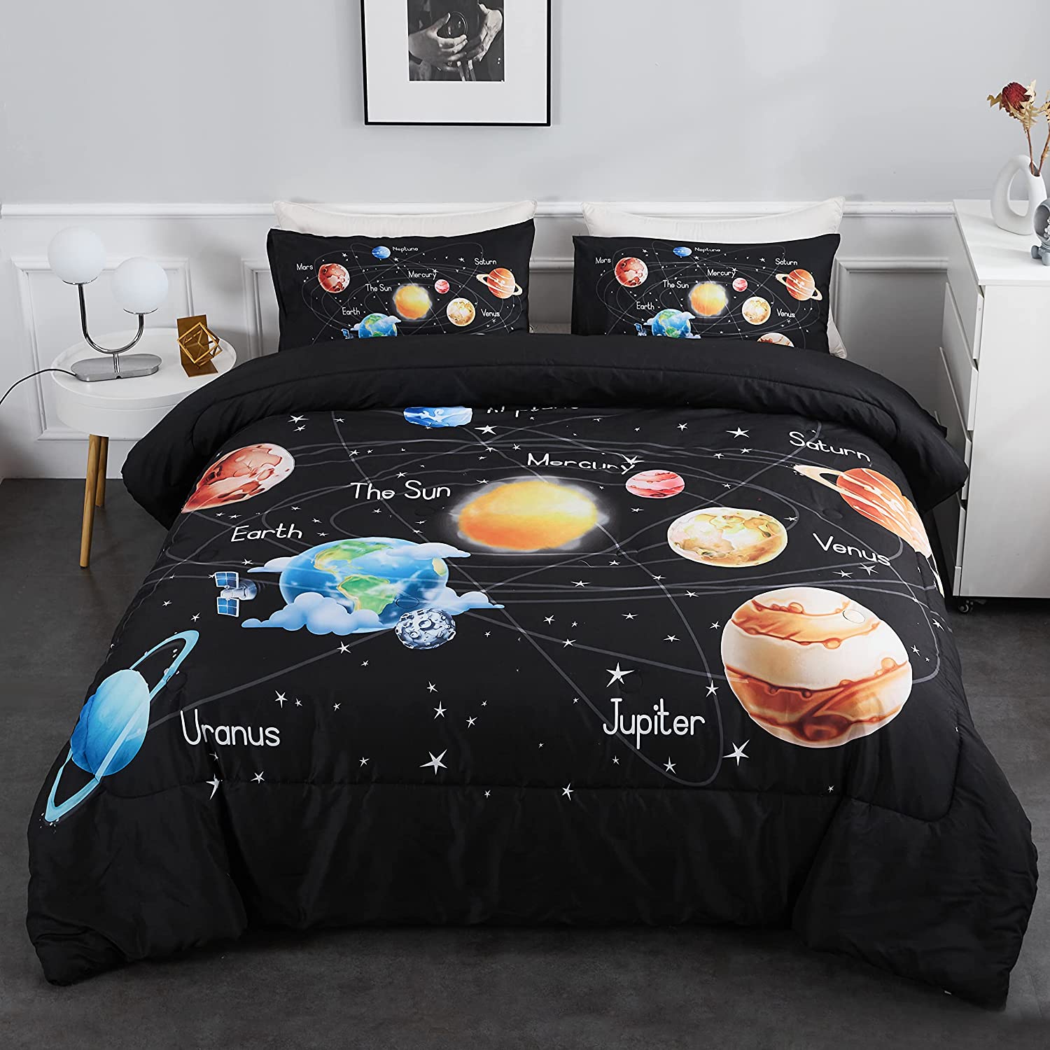 Ylehoc Solar System Comforter Set Twin Outer Space Bedding Set 3 Pieces 1 Universe Planets Theme Comforter and 2 Pillow Cases for Boys Girls Kids Ultra-Soft Microfiber All Seasons for Bedroom Sofa