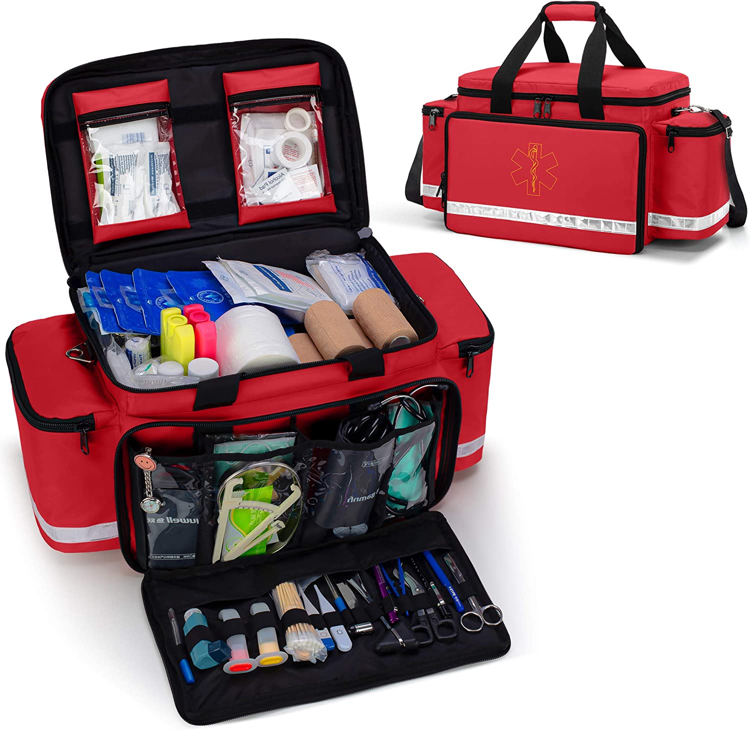 Trunab Emergency Responder Trauma Bag Empty, Professional First Aid Kits Storage Medical Bag with Inner Dividers and Anti-Scratch Bottom, Ideal for EMT, EMS, Paramedics, Red, Bag ONLY