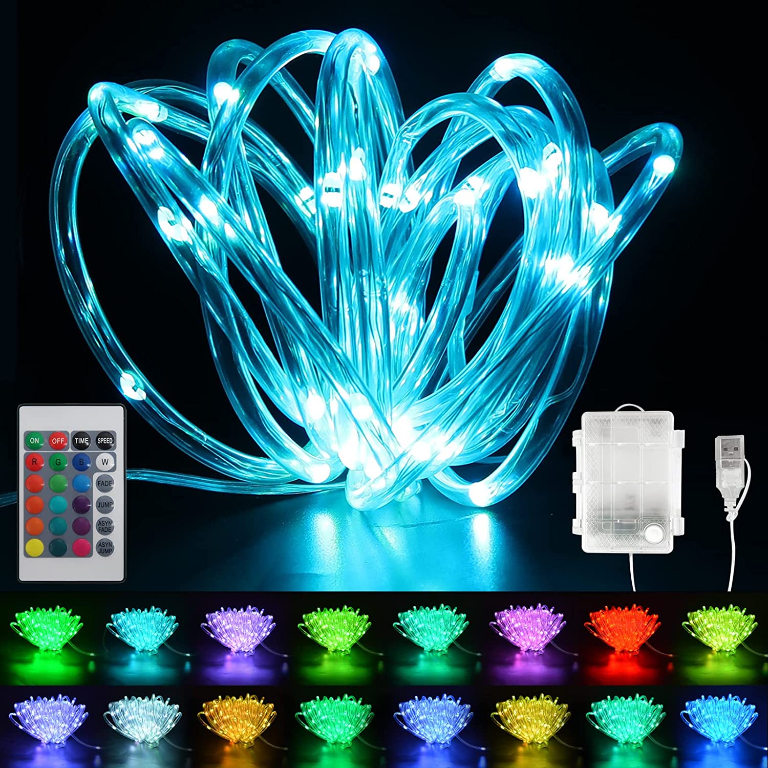 QyWyII Rope Lights Battery Operated 50 LED 16FT 4 Mode 16 Color Changing Light with Remote Control for Wedding Garden Patio Holiday Bedroom Decoration