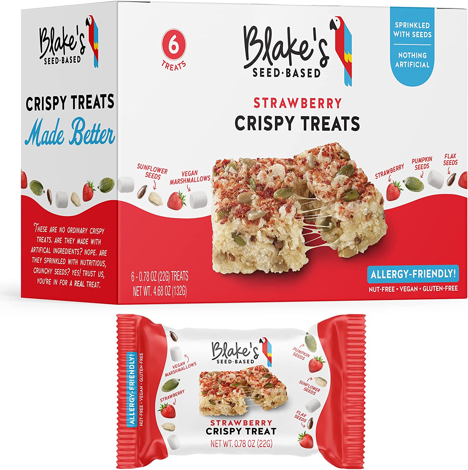 Blake’s Seed Based Crispy Treats – Strawberry (6 Count), Nut Free, Gluten Free, Dairy Free & Vegan, Healthy Snacks for Kids or Adults, School Safe, Low Calorie Organic Fruit Flavored Snack