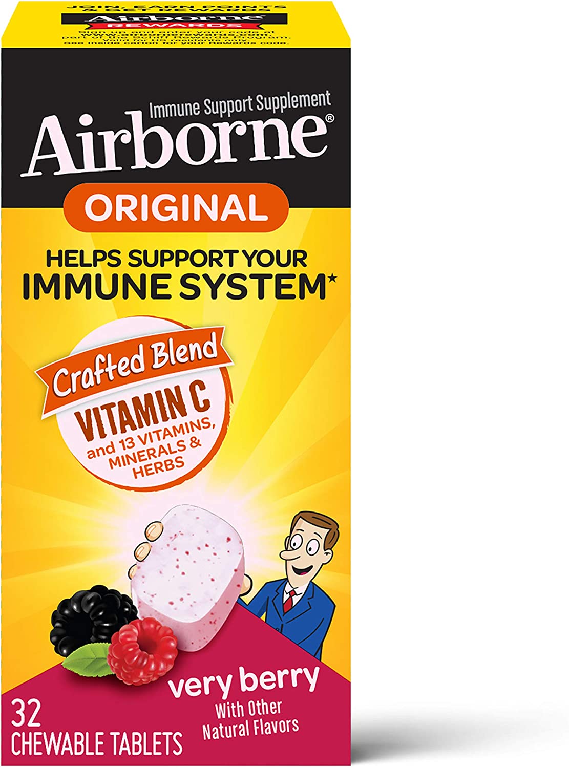 Airborne Vitamin C 1000mg (per serving) – Very Berry Chewable Tablets (32 count in a box), Gluten-Free Immune Support Supplement With Vitamins A C E, ZINC, Selenium, Echinacea, Ginger, Antioxidants