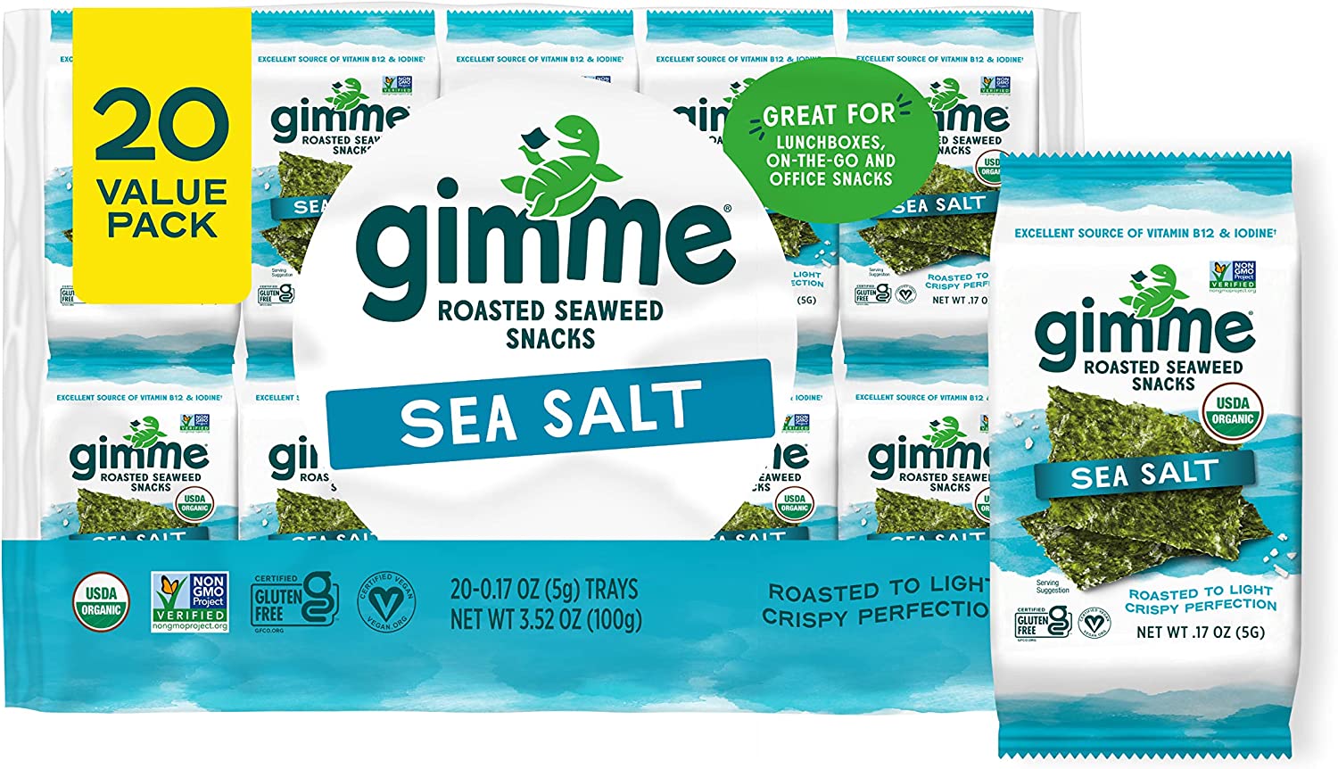 gimMe – Sea Salt – 20 Count – Organic Roasted Seaweed Sheets – Keto, Vegan, Gluten Free – Great Source of Iodine & Omega 3’s – Healthy On-The-Go Snack for Kids & Adults