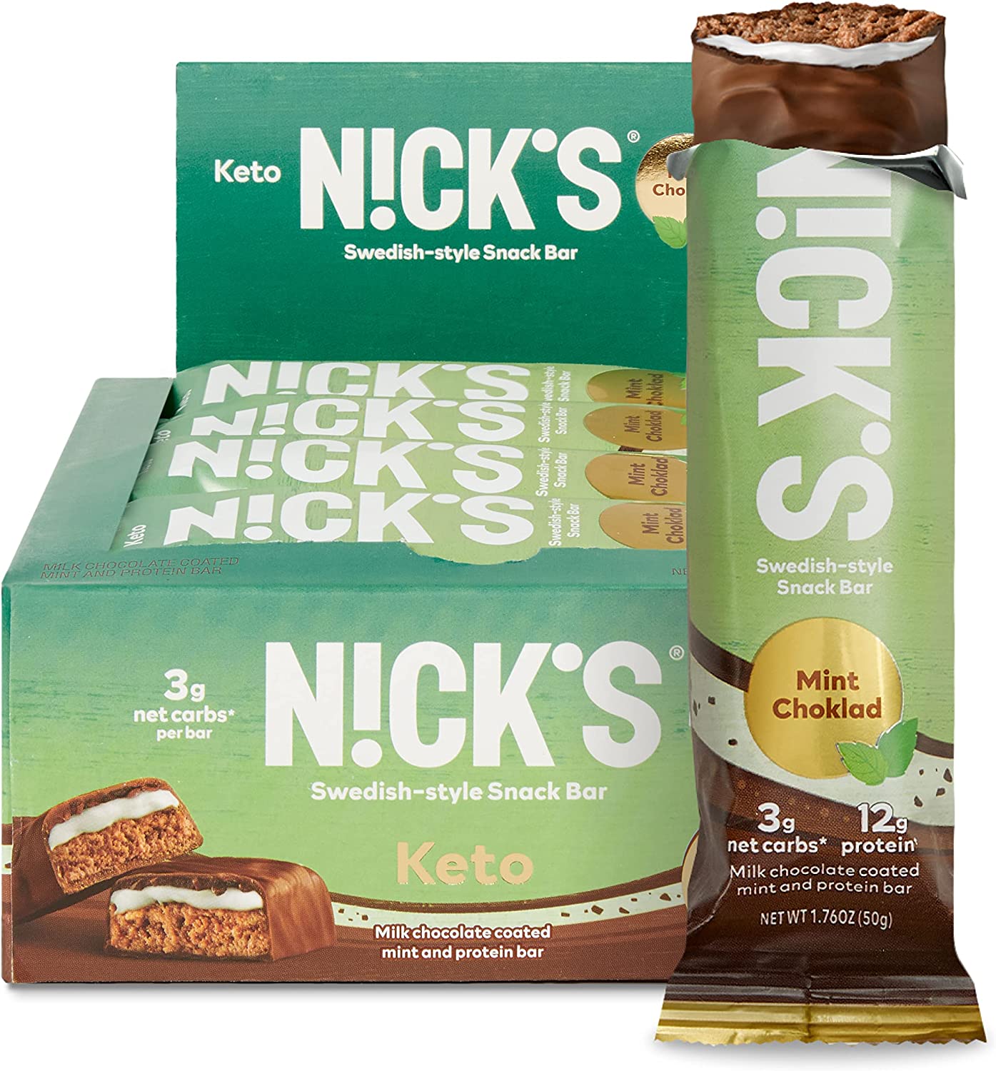 N!CK’S Keto Snack Bar, Mint Chocolate, Low Net Carbs, High Protein, No Added Sugar, 5g Collagen, Low Carb Protein Bar, Low Sugar Meal Replacement Bar, Keto Snacks, 12-Count