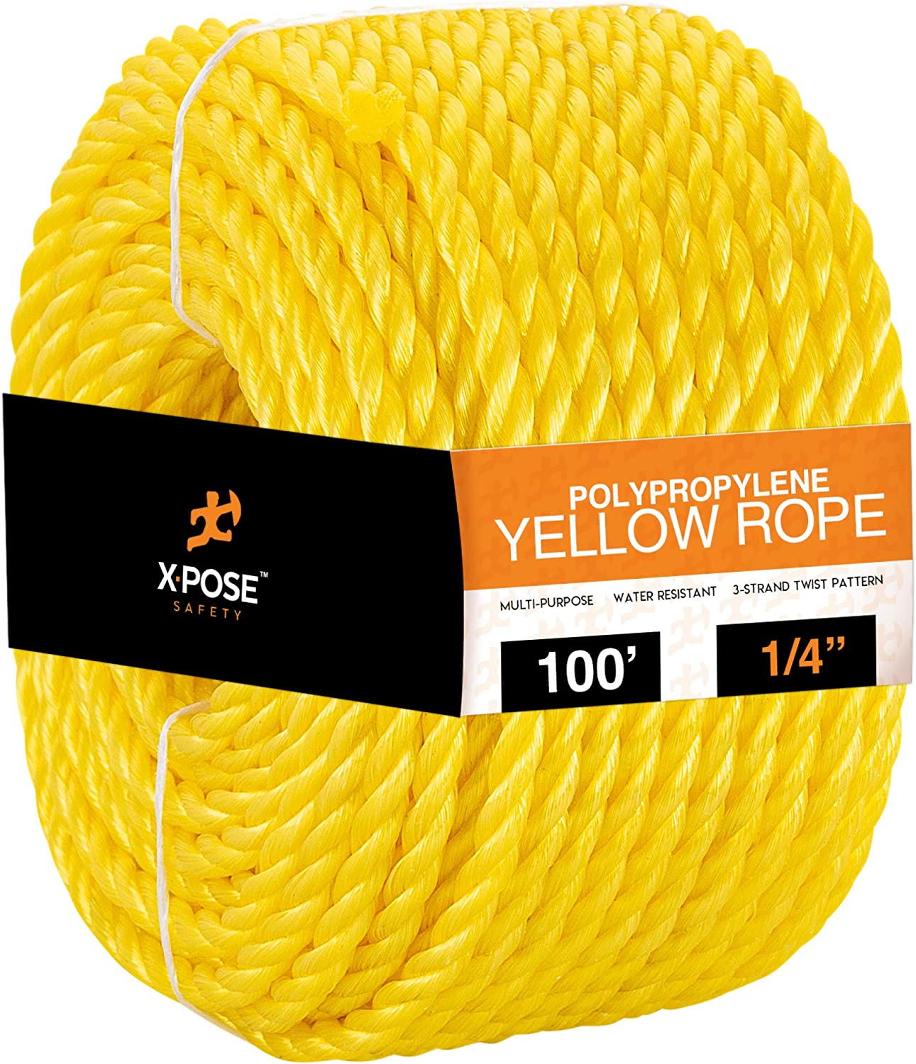 100 ft Twisted Polypropylene Rope – 1/4" – Yellow Floating Poly Pro Cord – Resistant to Oil, Moisture, Marine Growth and Chemicals – Reduced Slip, Easy Knot, Flexible – by Xpose Safety