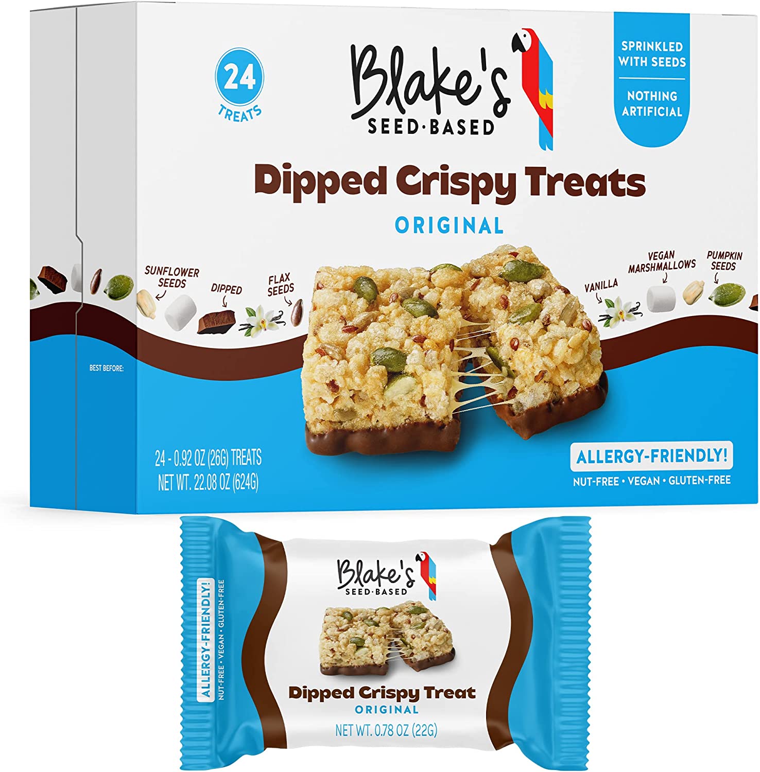 Blake’s Seed Based Crispy Treats – Dipped (24 Count), Vegan, Gluten Free, Nut Free & Dairy Free, Healthy Snacks for Kids or Adults, School Safe, Low Calorie Organic Soy Free Snack