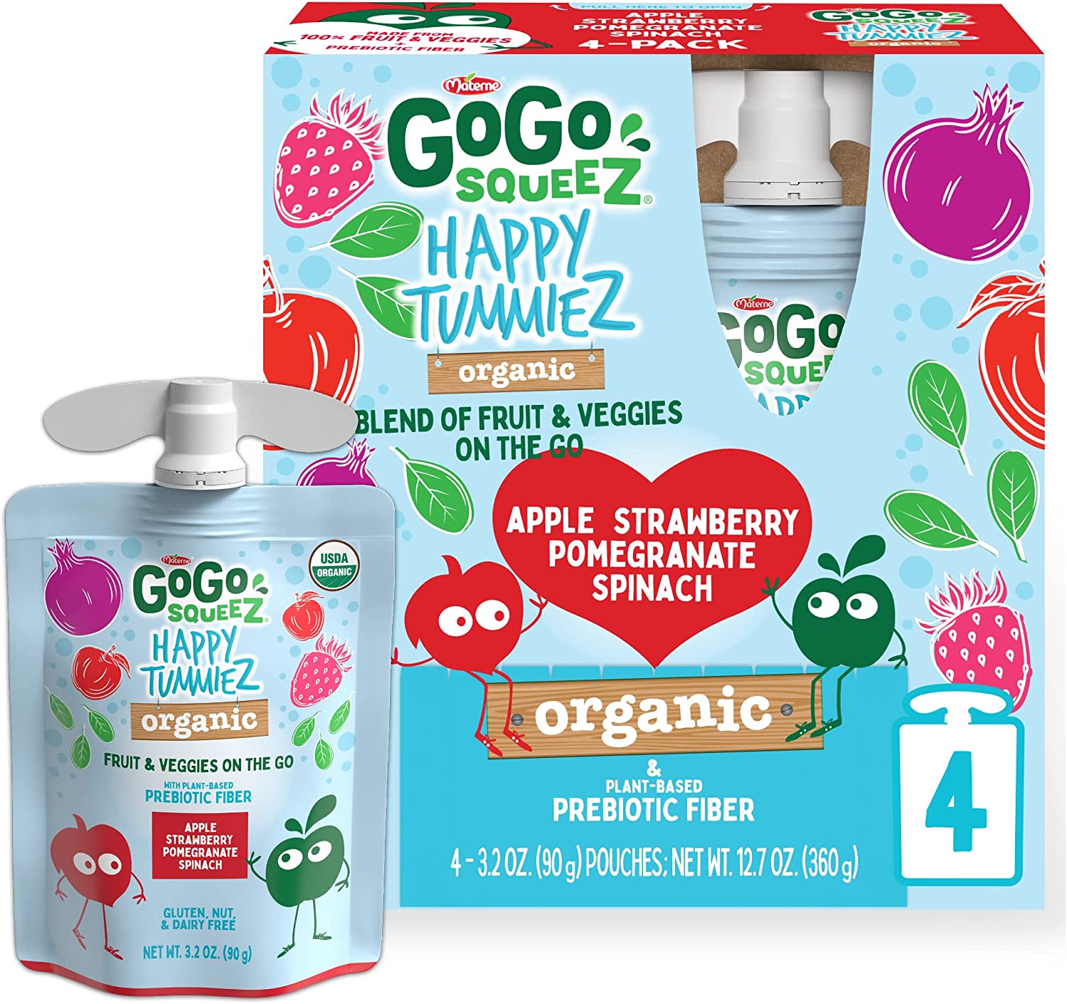 GoGo squeeZ happy tummieZ Organic Apple Strawberry Pomegranate Spinach, 3.2 oz. (4 Pouches) – Kids Snacks with Prebiotic Fiber – Gluten Free Snacks for Kids – Nut & Dairy Free – Vegan Snacks