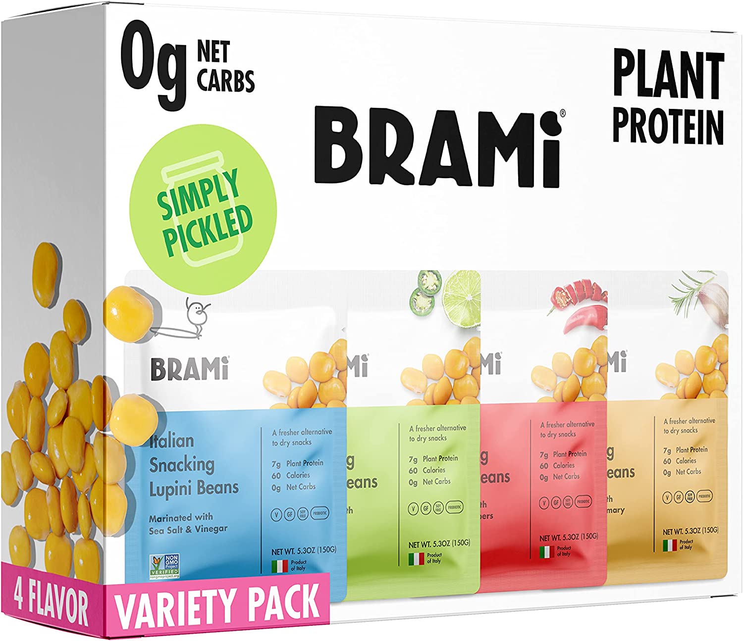 BRAMI Lupini Beans Snack, Variety Pack | 7g Plant Protein, 0g Net Carbs | Vegan, Keto, Plant Based, Mediterranean Diet | Pickled Vegetable |5.3 Ounce (4 Count)