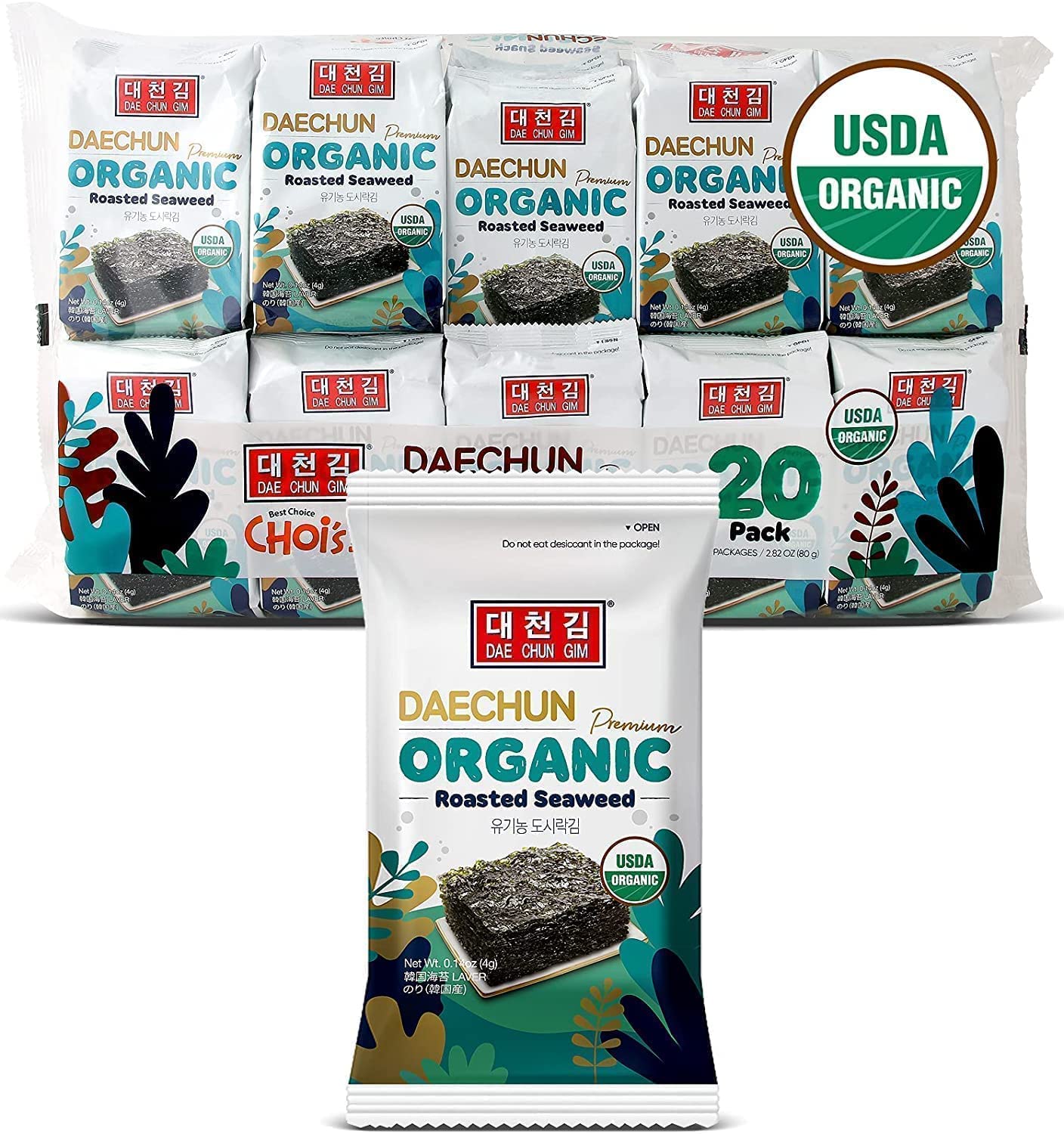 Organic DAECHUN(Choi’s1) Seaweed Snacks, 20 Pack, Original, Vegan, Keto, Gluten-Free, Product of Korea