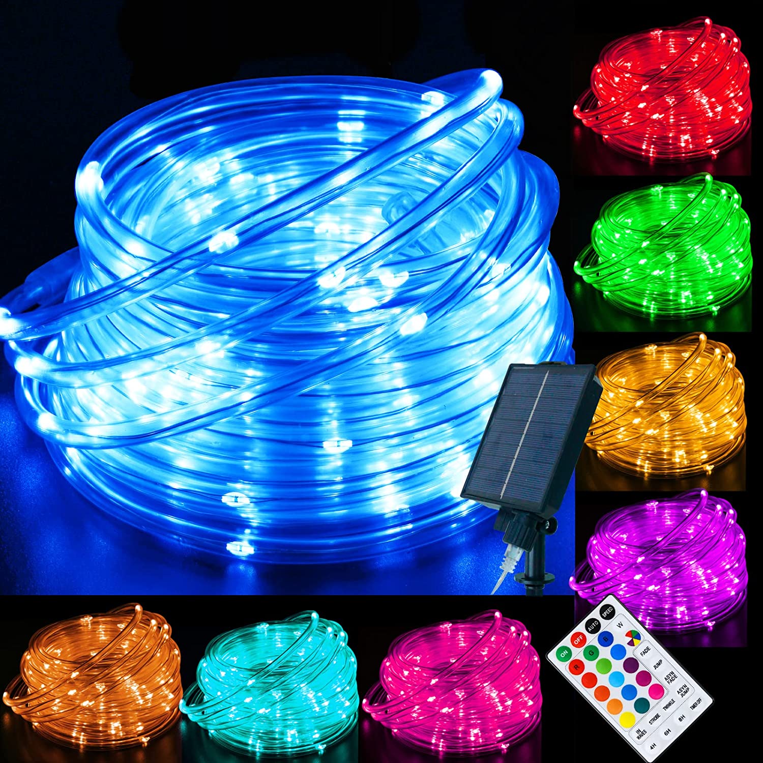 18 Colors 33FT Solar Rope Lights Outdoor Waterproof LED, Color Changing 100 LED Rope Lights Blue Green Pink Fairy String Tube Lights Remote Timer for Garden Fence Tree Party Christmas Holiday Decor