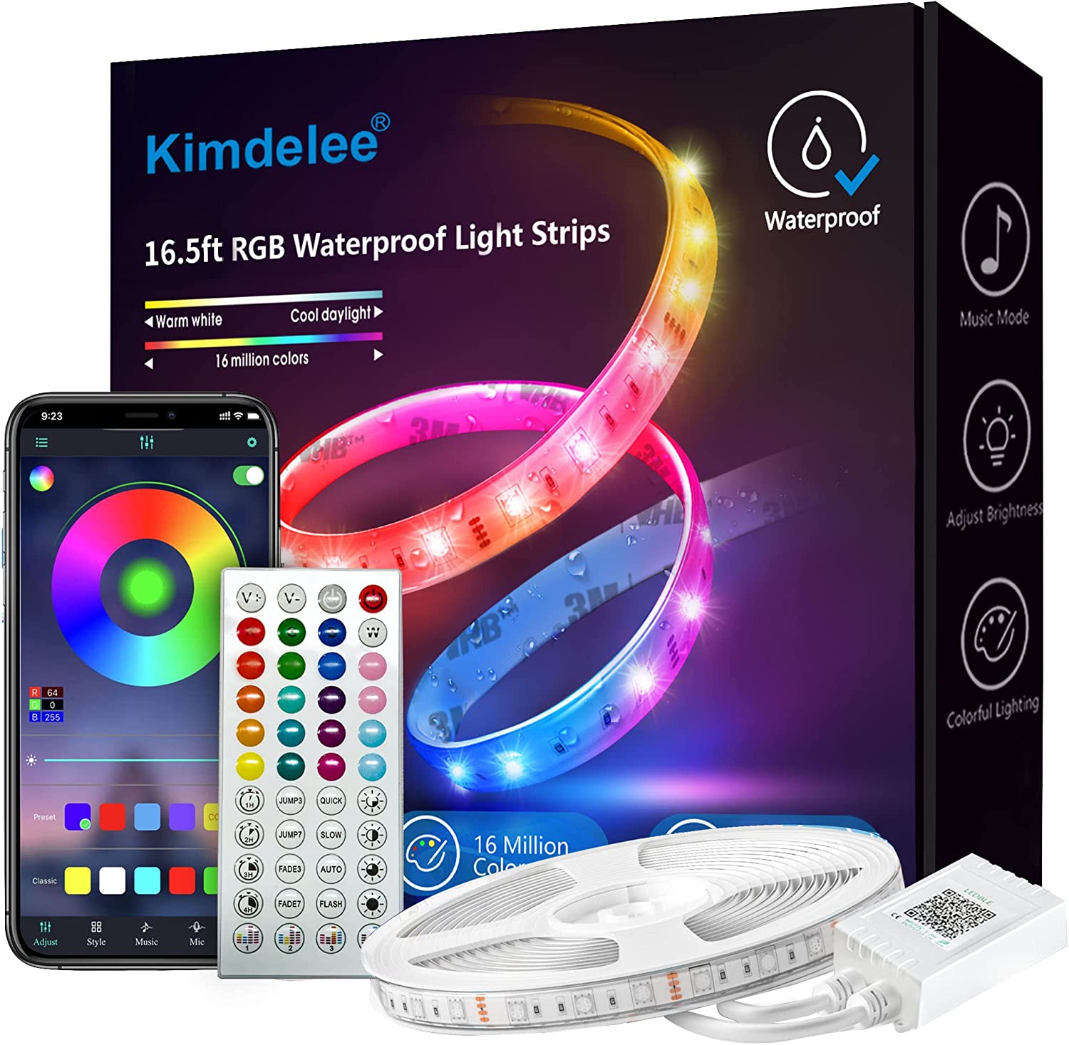Kimdelee 16.5ft Waterproof Led Light Strips, 12v RGB Outdoor Led Strip Lights Waterproof Color Changing 5050 RGB with Bluetooth Music Sync App Remote Controller, Outdoor Rope Lights
