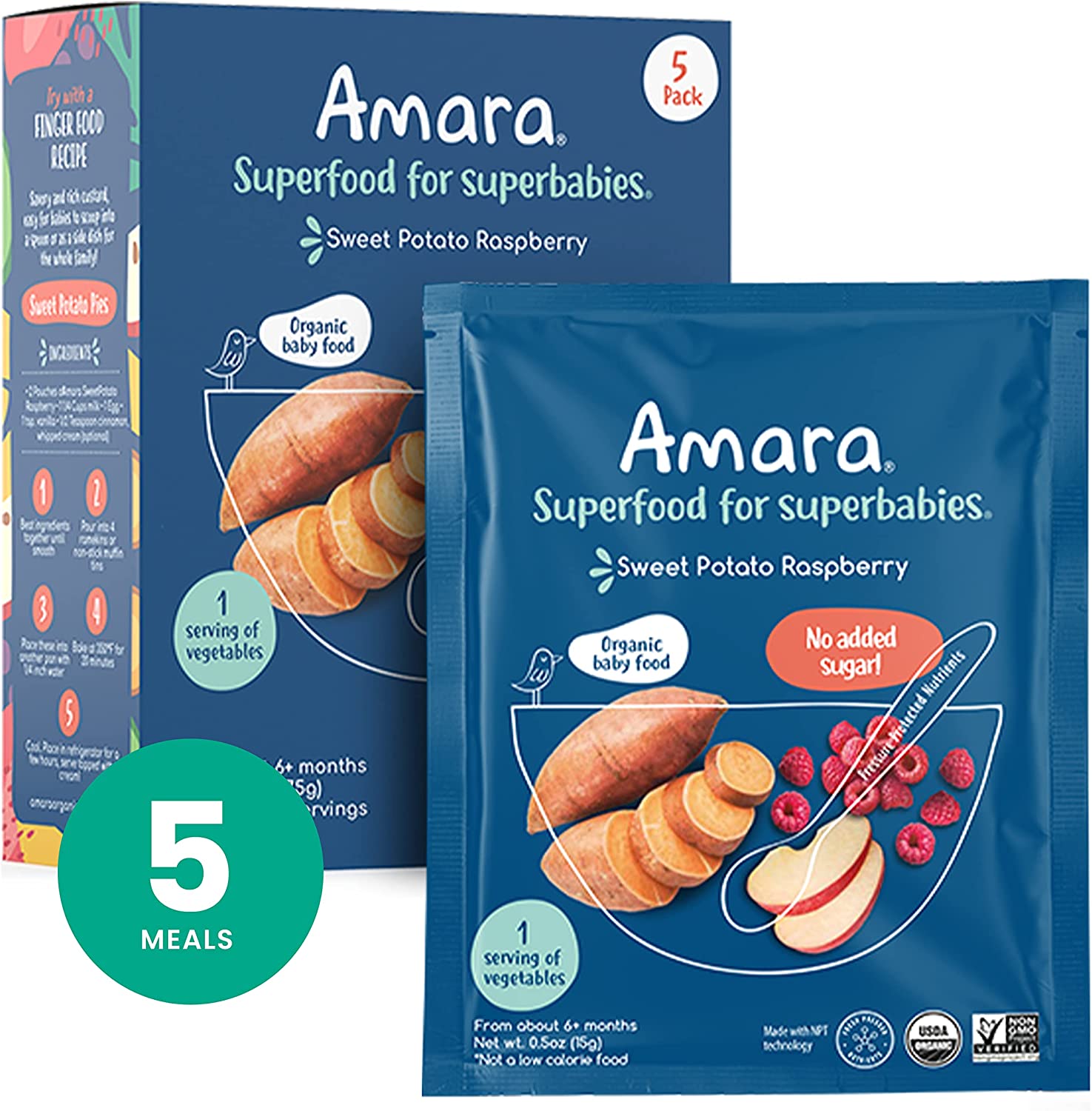 Amara Organic Baby Food | Sweet Potato Raspberry | Baby Cereal to Mix With Breastmilk, Water, or Baby Formula | Baby Food Pouches, Made from Organic Fruit and Veggies | Stage 2 | 5 Pouches
