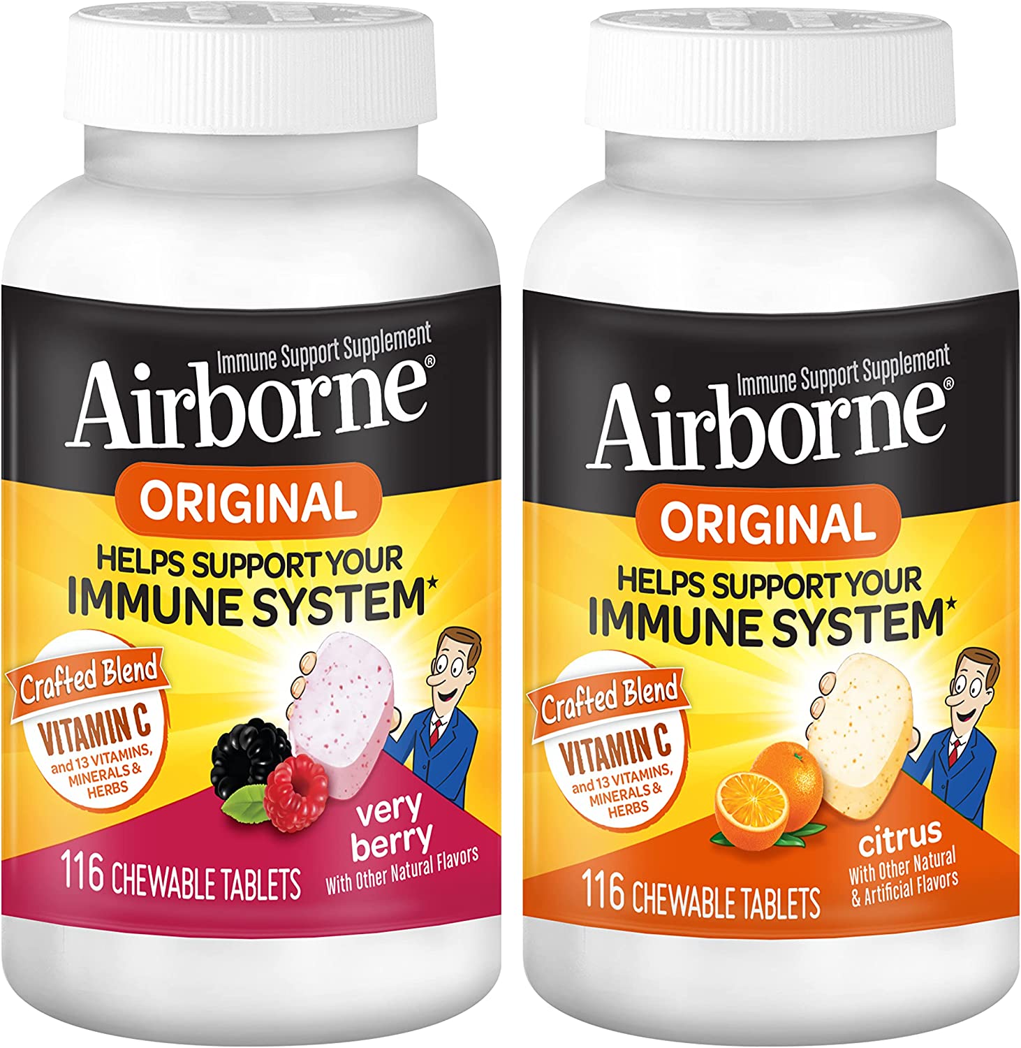 Airborne 1000mg Vitamin C Chewable Tablets Citrus & Very Berry Flavor Bundle – Immune Support Supplement with Zinc and Powerful Antioxidant Vitamins A C & E, (2x116ct bottles)