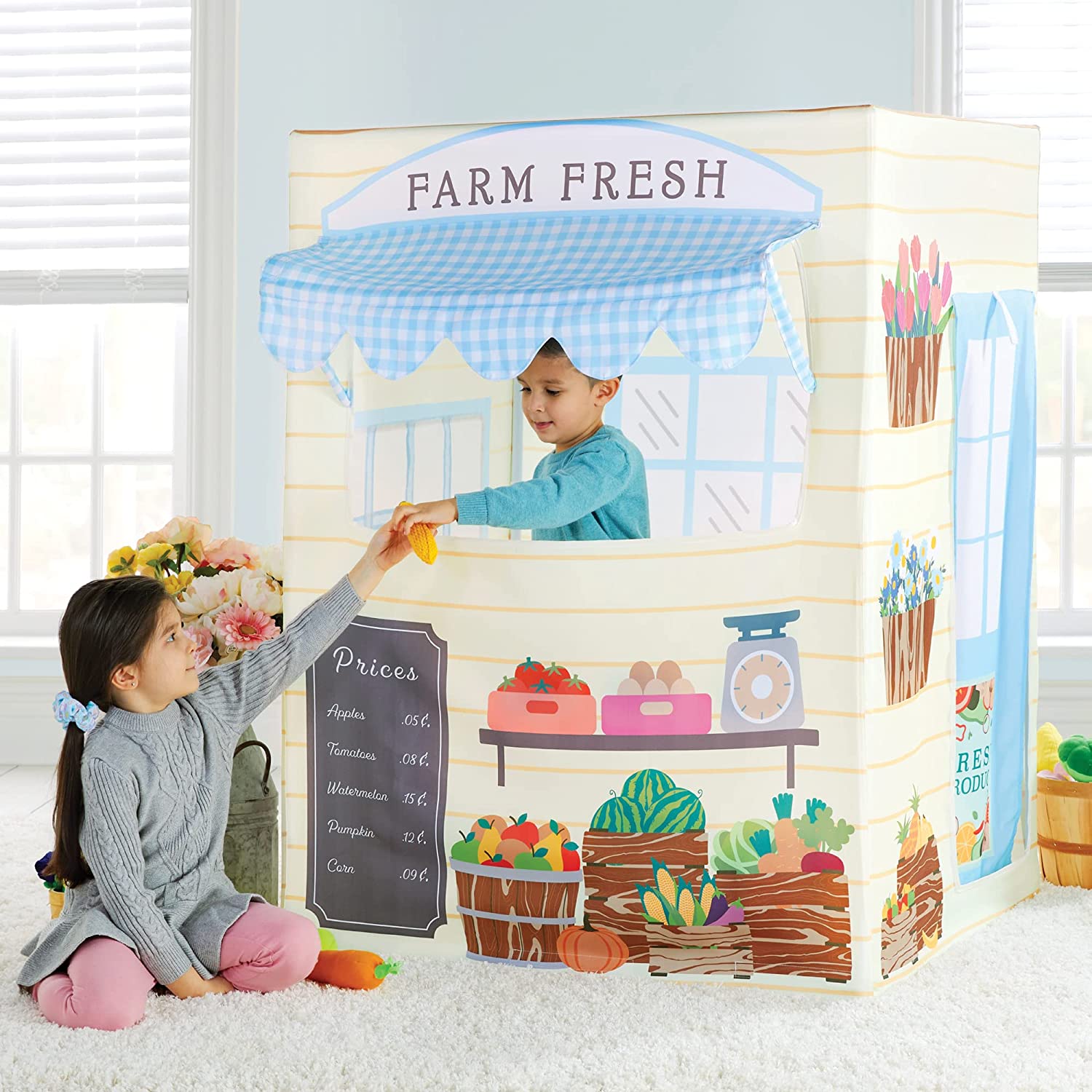 Martha Stewart Kids’ Farmer’s Market Play Tent – Large Indoor Playhouse for Pretend Play in Classroom or Home