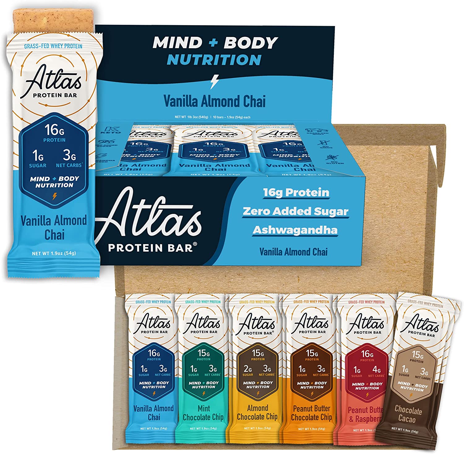 Atlas Mind + Body Keto Protein Bar – Vanilla Almond Chai + Ultimate Variety Keto Bars – Low Carb Protein Bars – High Fiber Bars – Low Sugar Meal Replacement Bars – Organic Ashwagandha (20 Count)