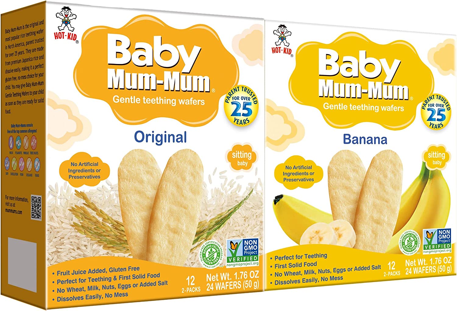 Baby Mum-Mum Rice Rusks, 2 Flavor Variety Pack, 24 Pieces (Pack of 4) 2 Each: Banana, Original Gluten Free, Allergen Free, Non-GMO, Rice Teether Cookie for Teething Infants