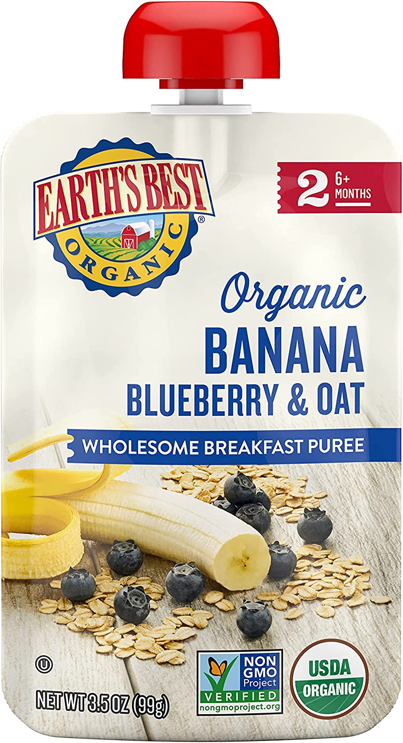 Earth’s Best Organic Baby Food Pouches, Stage 2 Wholesome Breakfast Puree for Babies 6 Months and Older, Organic Banana Blueberry and Oat Puree, 3.5 oz Resealable Pouch (Pack of 12)