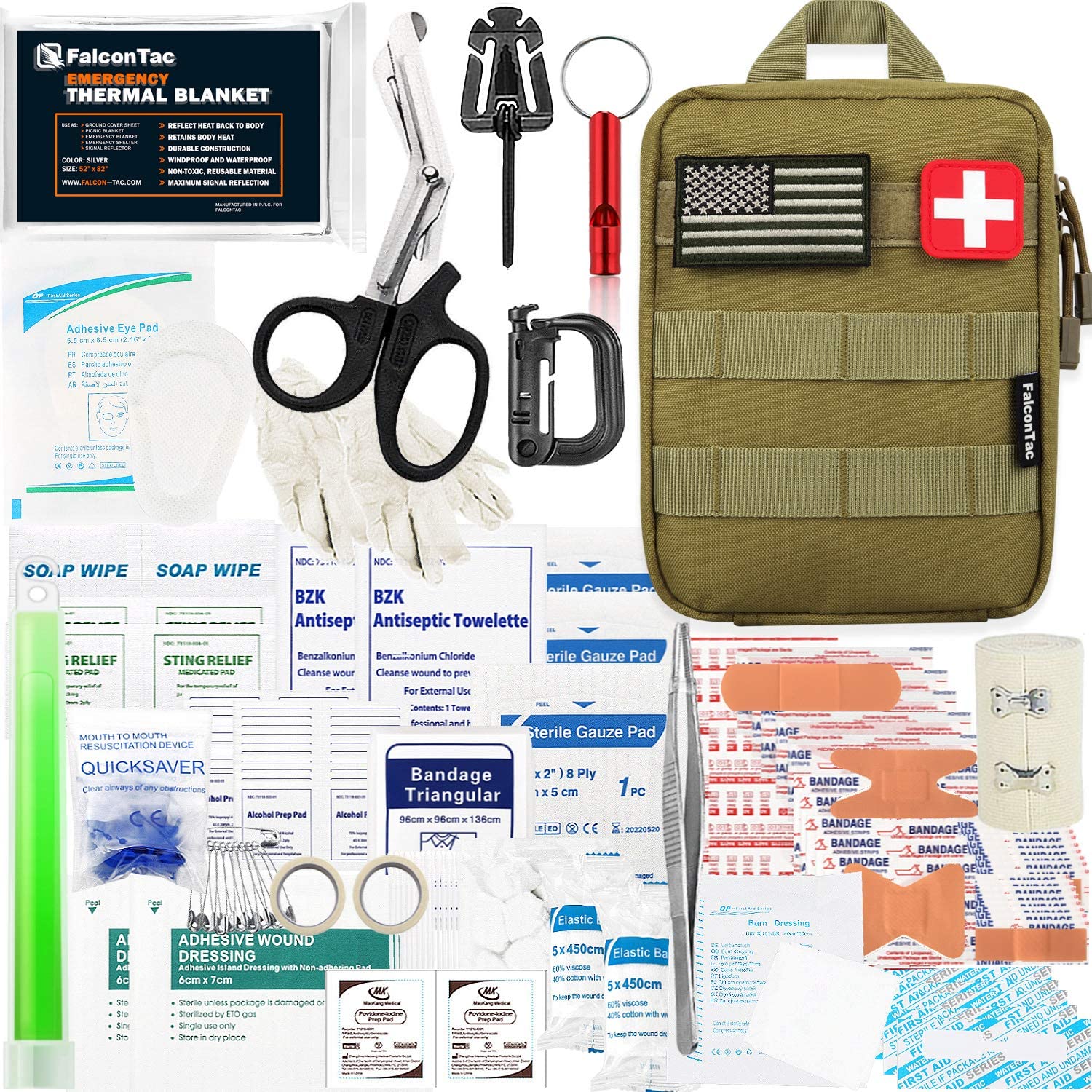 FalconTac 200 Pieces First Aid Kit IFAK Survival Kit Molle System Compatible Pouch, Emergency Kit Gift for Men, Dad, Husband, for Outdoor, Camping, Hunting, Hiking, Home, Earthquake, Disasters