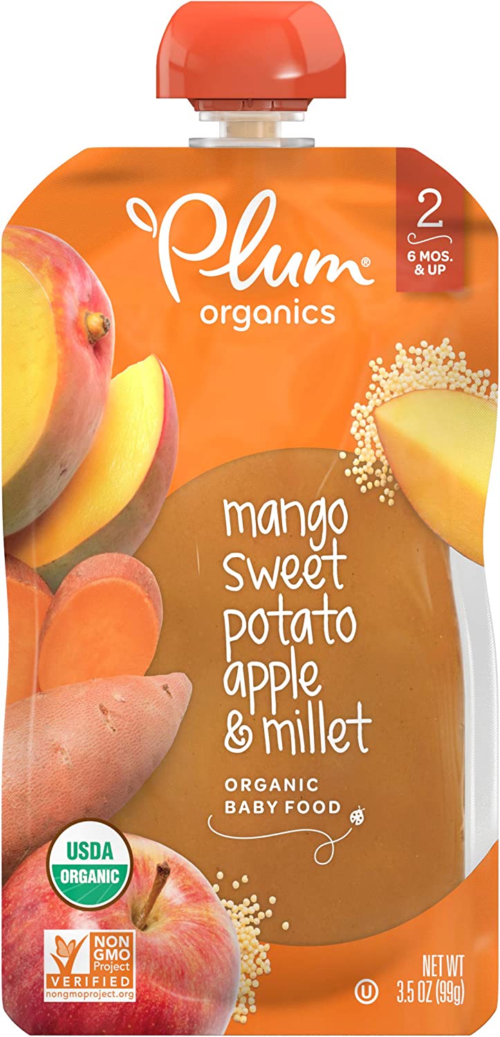Plum Organics Baby Food Pouch | Stage 2 | Mango, Sweet Potato, Apple & Millet | 3.5 Ounce | 12 Pack | Fresh Organic Food Squeeze | For Babies, Kids, Toddlers
