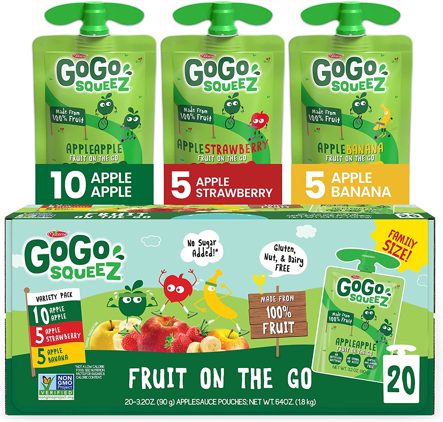 GoGo squeeZ Fruit on the Go Variety Pack, Apple Apple, Apple Banana, & Apple Strawberry, – Tasty Kids Applesauce Snacks – Gluten Free Snacks for Kids – Nut & Dairy Free – Vegan Snacks, 3.2 Ounce (Pack of 20)