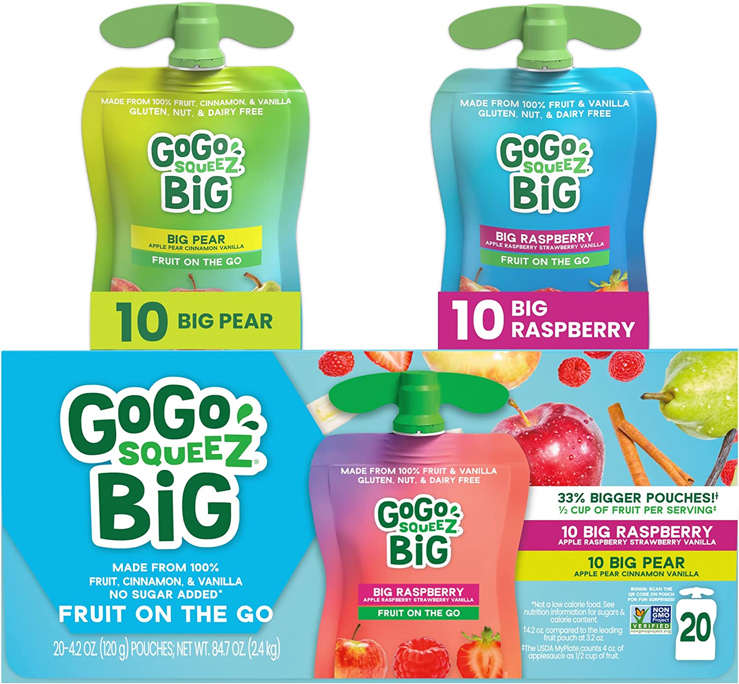 GoGo BIG squeeZ Rad Raspberry & Playful Pear, 4.2 oz. (20 Pouches) – Bigger, Tasty Kids Snacks Made from Raspberries and Pears – Gluten Free Snacks for Kids – Nut & Dairy Free – Vegan Snacks