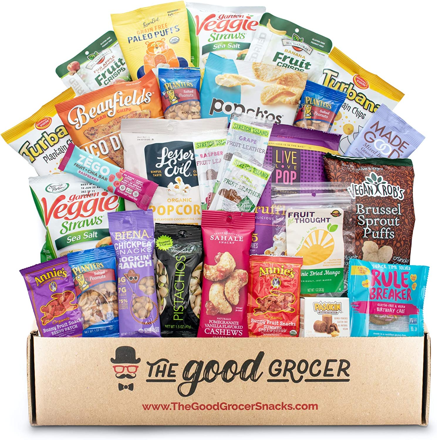 GLUTEN FREE and VEGAN (DAIRY and FIG FREE) Healthy Snacks Care Package (28 Ct): Cookies, Bars, Chips, Fruit, Nuts, Trail Mix, Gift Box Sampler, Office Variety, College Student Care Package, Gift Basket Alternative