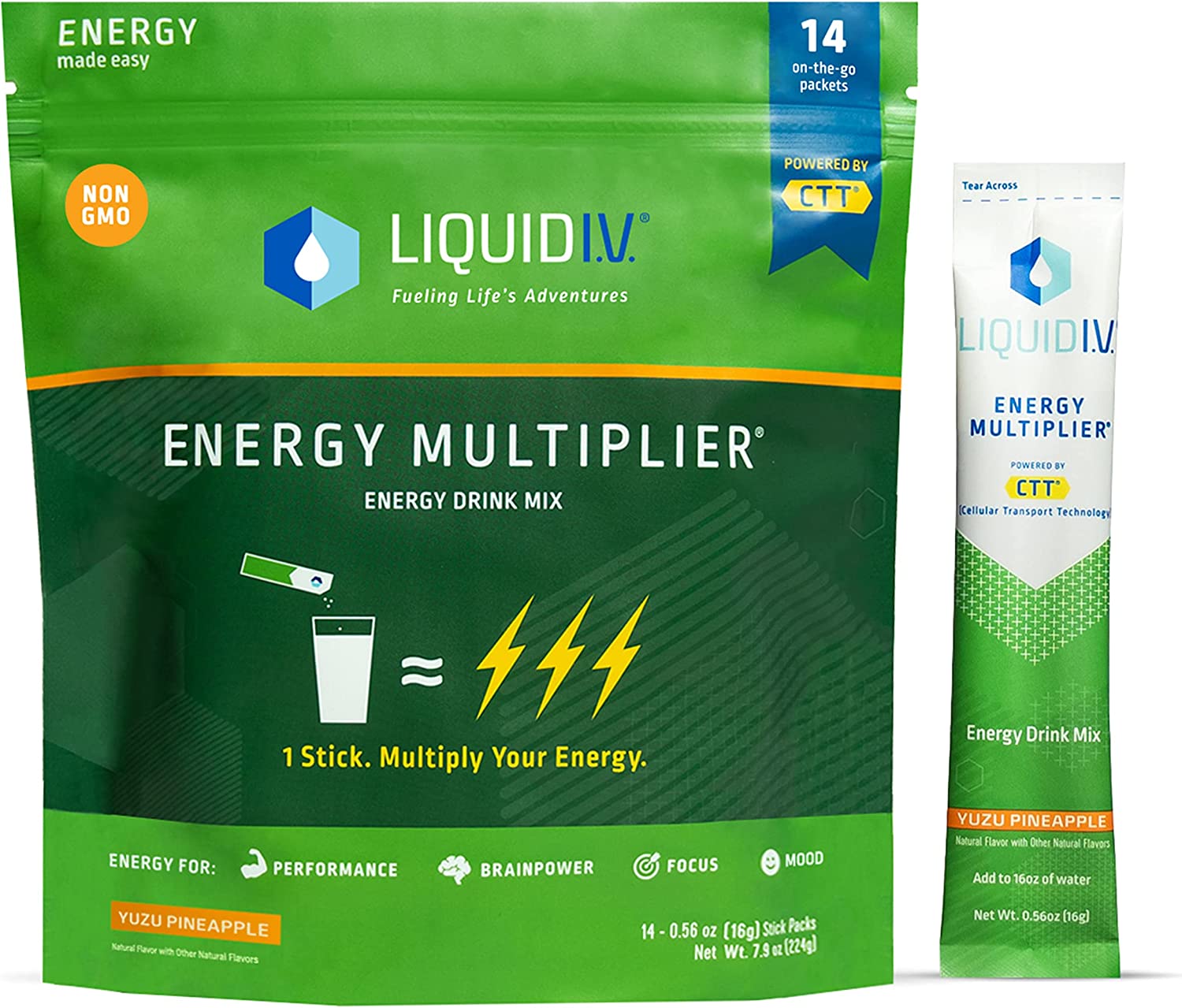 Liquid I.V. NEW Yuzu Pineapple Energy Multiplier | Energy Powder Drink Sticks | Proprietary Energy Blend | Natural Caffeine | Easy Open Single-Serving Stick | Non-GMO | Yuzu Pineapple – 14 Sticks
